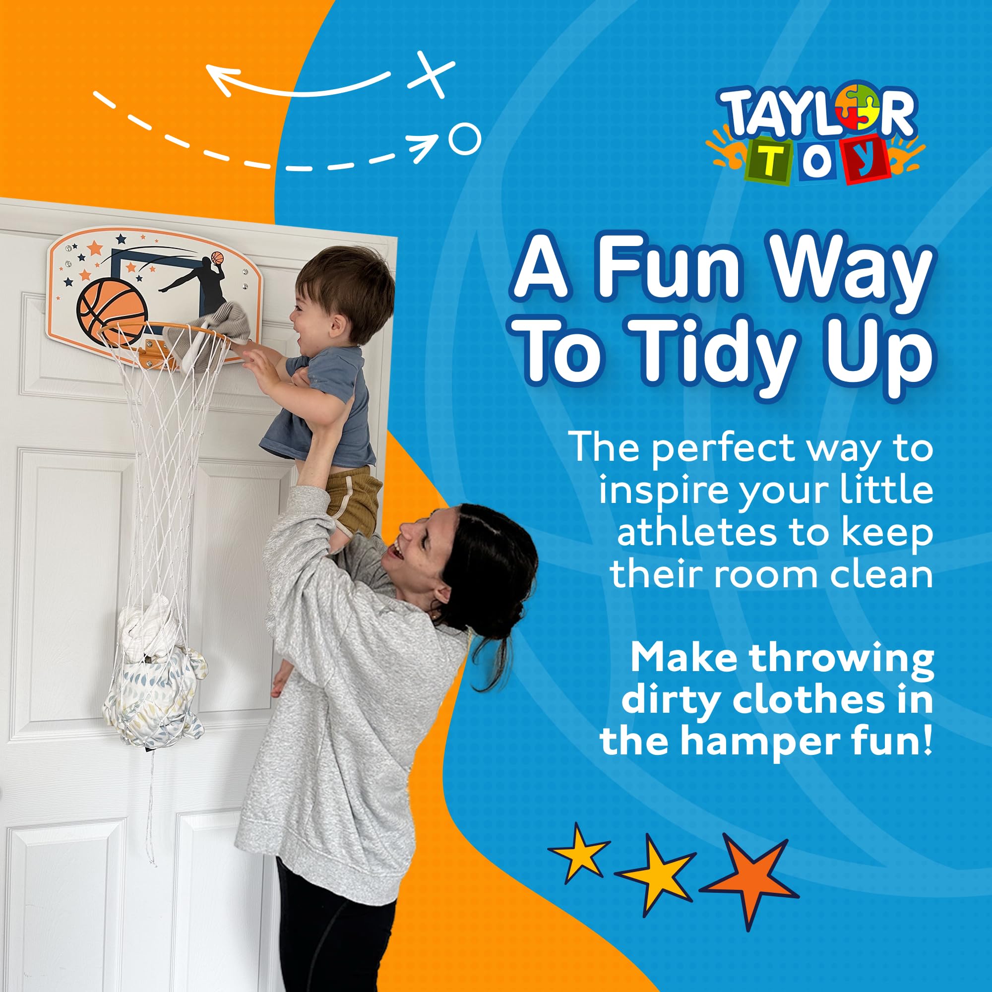 Taylor Toy Basketball Hamper, Sports Inspired Hamper, Over the Door Basketball Laundry Hamper, Kids Hanging Laundry Basket, Sports Hampers for Bedroom Decor