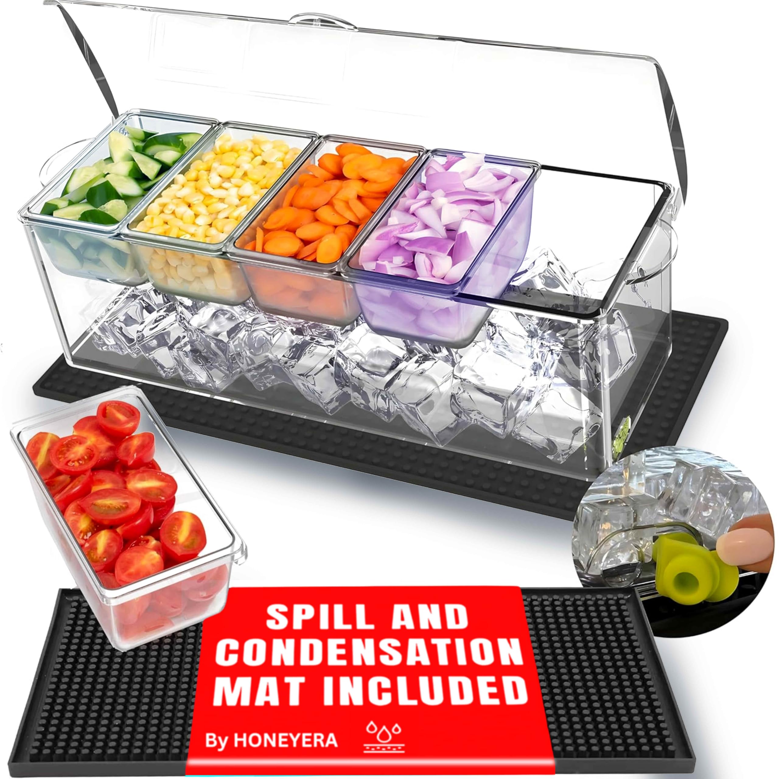 Honeyera Chilled Condiment Server | Hosting Essentials for Up to 80 Oz of Ice | Mimosa Bar Supplies Drain Plug | BPA-Free Taco Bar/Salad Bar | Food-Safe Condiment Caddy (Parent) (Black, 1 Pack)