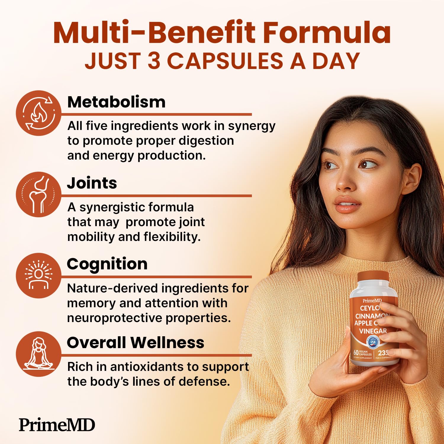 5-in-1 Ceylon Cinnamon Capsules 2355mg - Ceylon Cinnamon and Apple Cider Vinegar with Turmeric, Panax Ginseng, Cinnamon, and Bioperine, 60ct