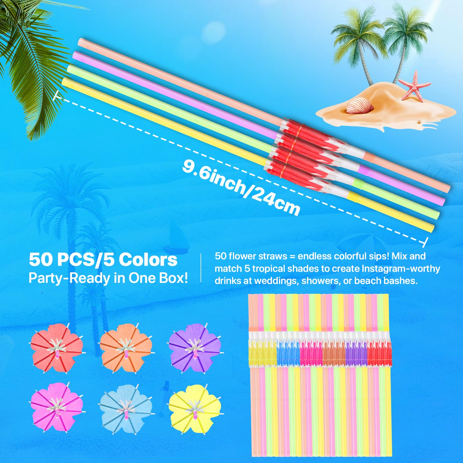 WELLFAR Fun Umbrella Drink Straws, Tropical Cocktail Straws with Mini Umbrella, Tiki & Hawaiian Party Decorations, Colorful Parasol Straw for Margarita, Pina Colada, Mojito, Summer Beverages. 50 PCS