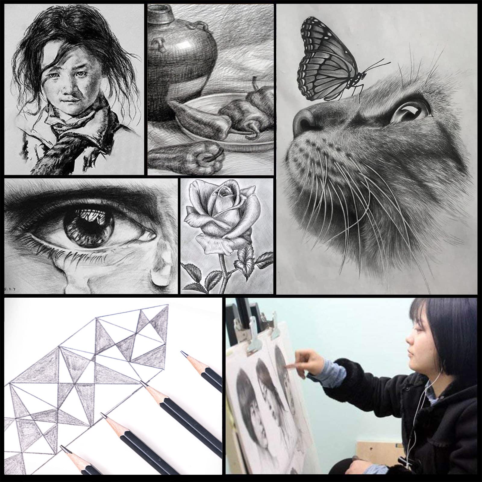 Heshengping Drawing Pencils Sketch Pencil Art Supplies Set for Kids Adults beginners Professional Sketching Art Graphite Charcoal Blending Stump Pencils kit