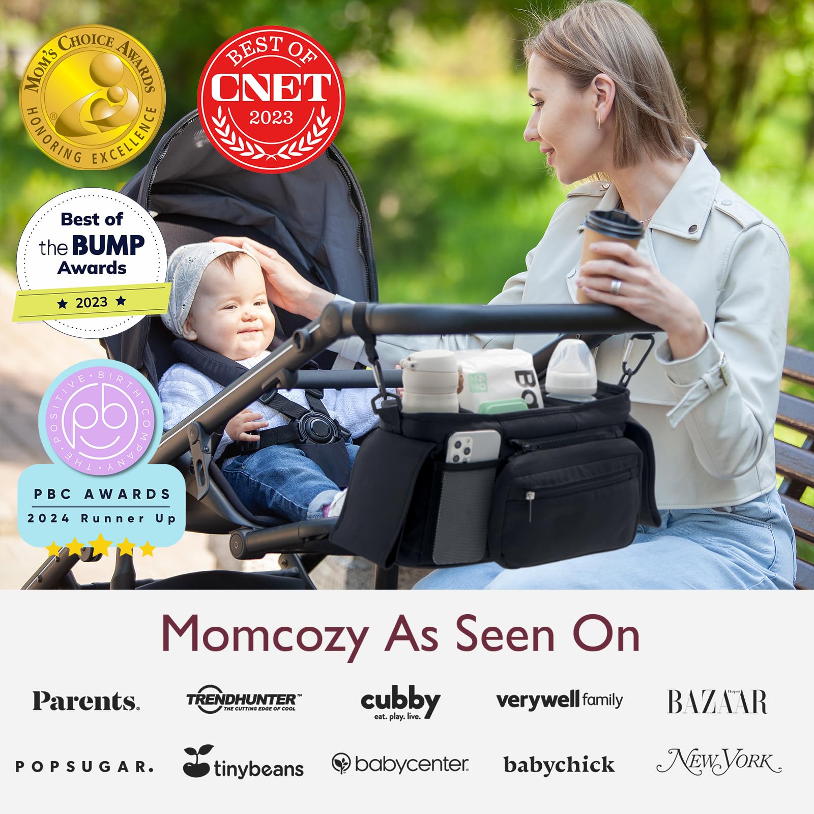 Momcozy Universal Stroller Organizer with Insulated Cup Holder Detachable Phone Bag & Shoulder Strap, Fits for Stroller like Uppababy, Baby Jogger, Britax, BOB, Umbrella and Pet Stroller, Black