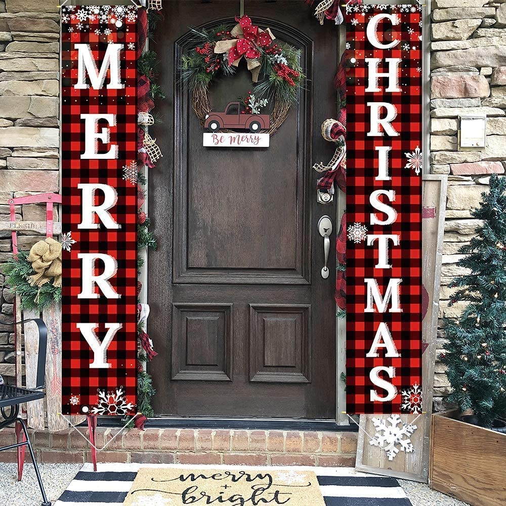 Ivenf Christmas Decorations Outdoor Yard Front Porch Sign Set, Red Black Buffalo Plaid Door Banner, Hanging Merry Christmas Decorations for Home, Indoor Outdoor Xmas Decor Wall Front Door Yard Garage