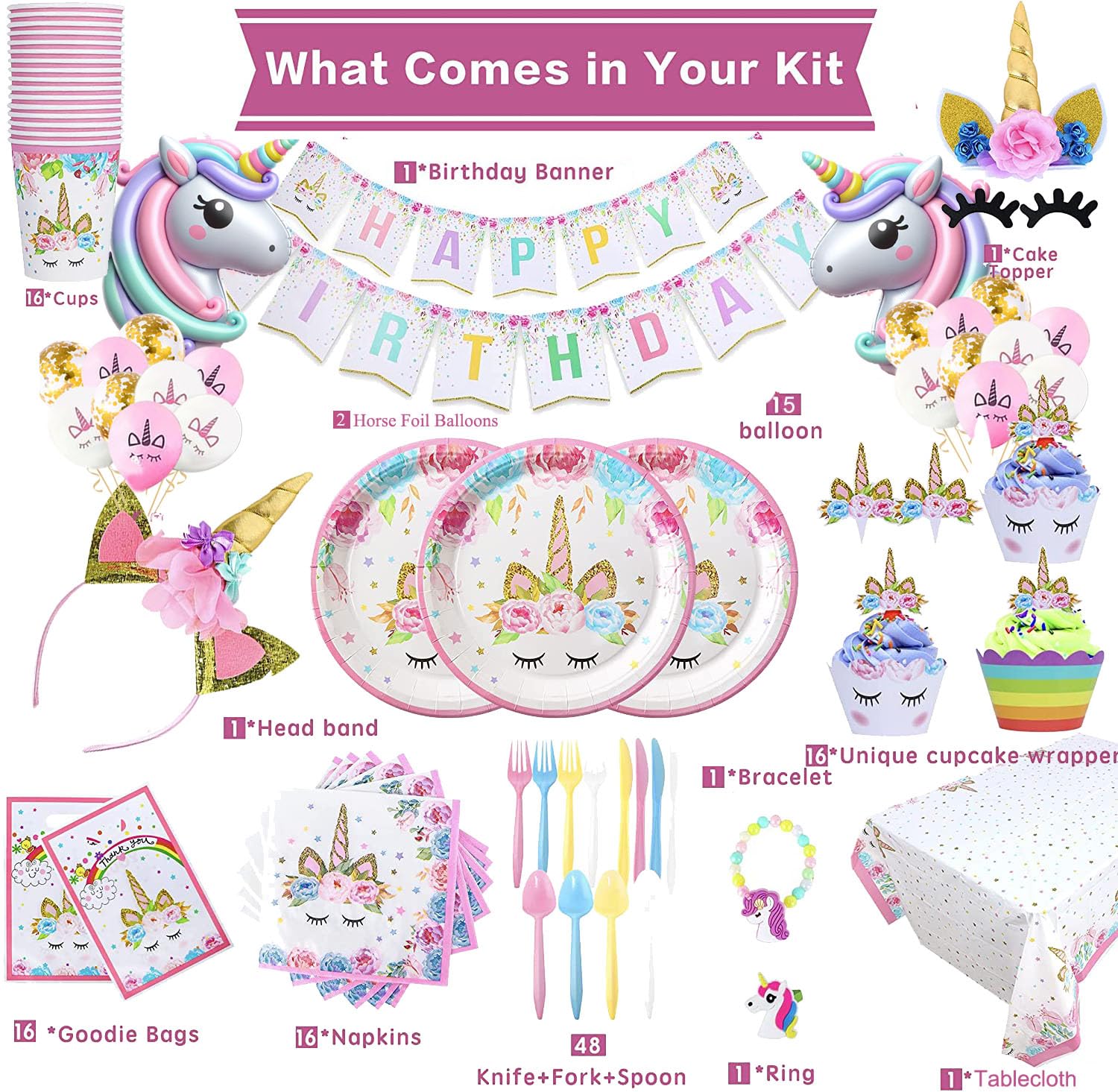 GONGYIHONG Unicorn Party Supplies for Girls - Unicorn Birthday Decorations with Plates Disposable Tableware for Unicorn Theme Party