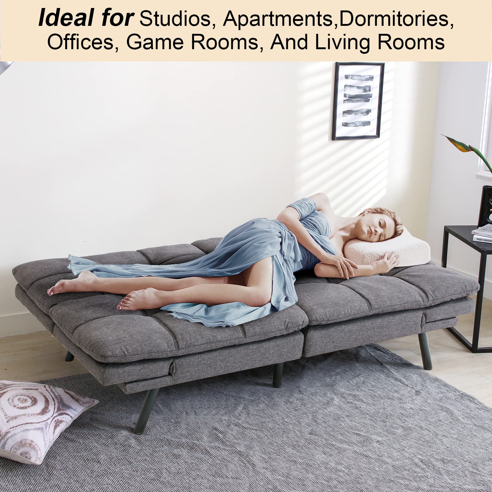 Opoiar Futon Sofa Bed Memory Foam Couch Bed Loveseats Convertible Modern Futon Couch Small Sleeper Sofa with Arm Rest, Metal Legs, Grey Futons for Small Space