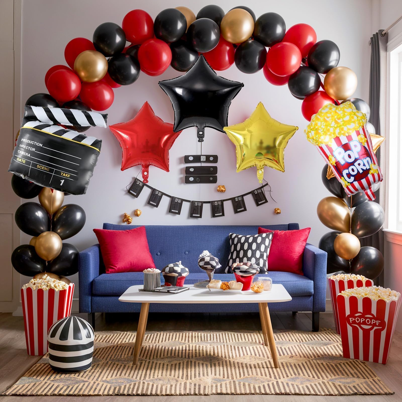Movie Night Balloon Garland Arch Kit, Red Black Gold Balloons with Camera Star Foil Popcorn Flim Clapperboard Balloons for Birthdays Anniversaries Movie Theater Film Party Decorations