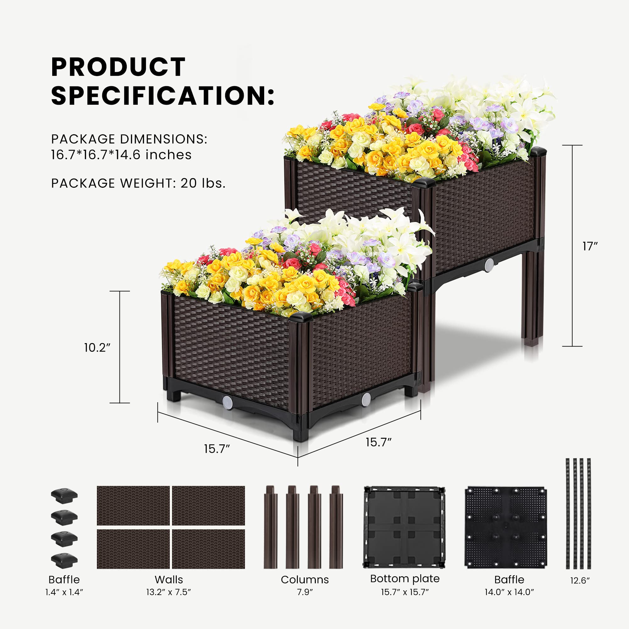 VIVOHOME 4 Packs Elevated Plastic Raised Garden Bed Planter Kit, Outdoor Planters Above Ground Flower Vegetable Standing Box for Patio Deck Porch W/Drainage Holes