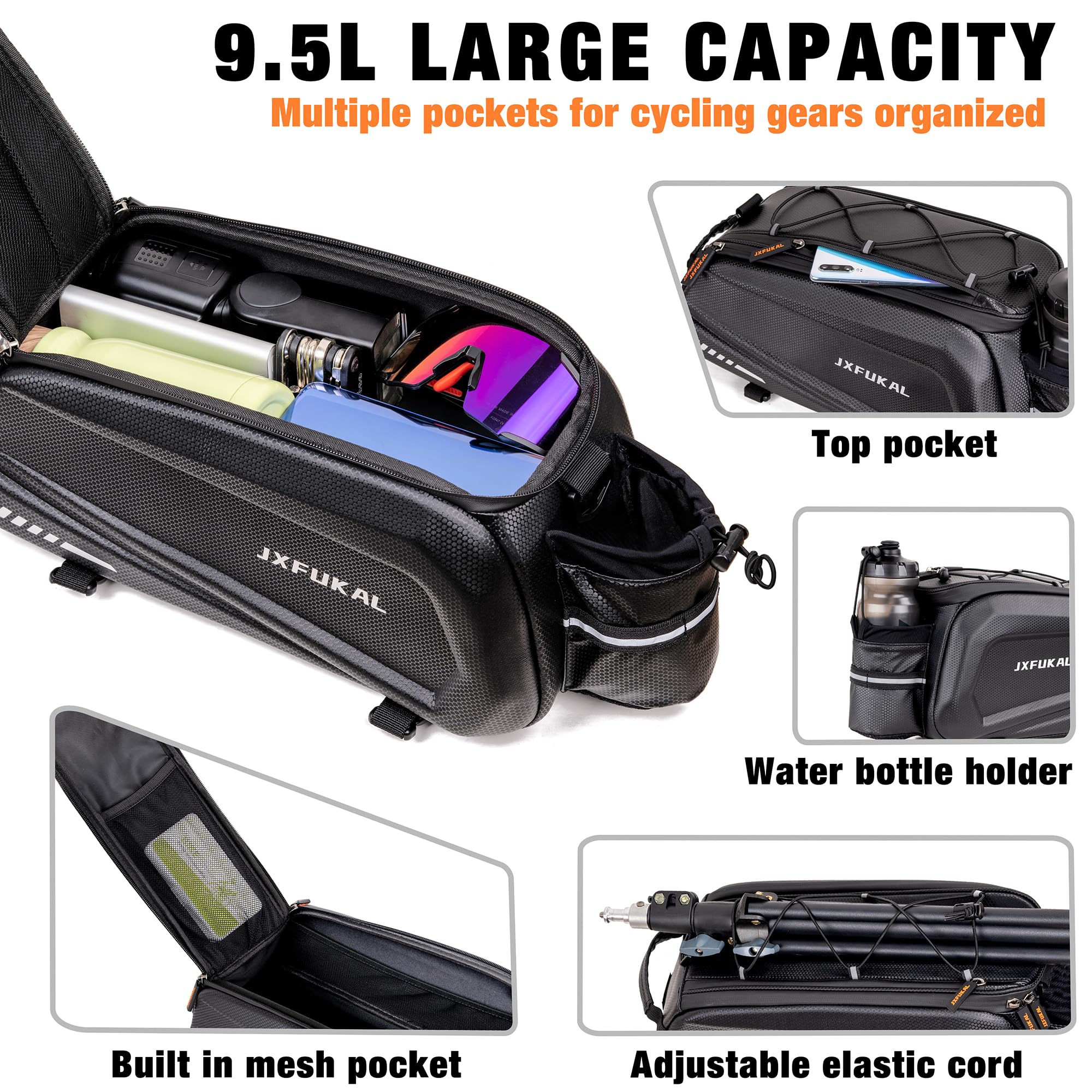 JXFUKAL Bike Bags for Bicycle Rear rack - 9.5L/17L/40L Hard Shell Waterproof Bike Ebike Trunk Pannier Saddle Seat Bag Carrier with Reflector, Rain Cover & Shoulder Strap for Commuter Travel Outdoor