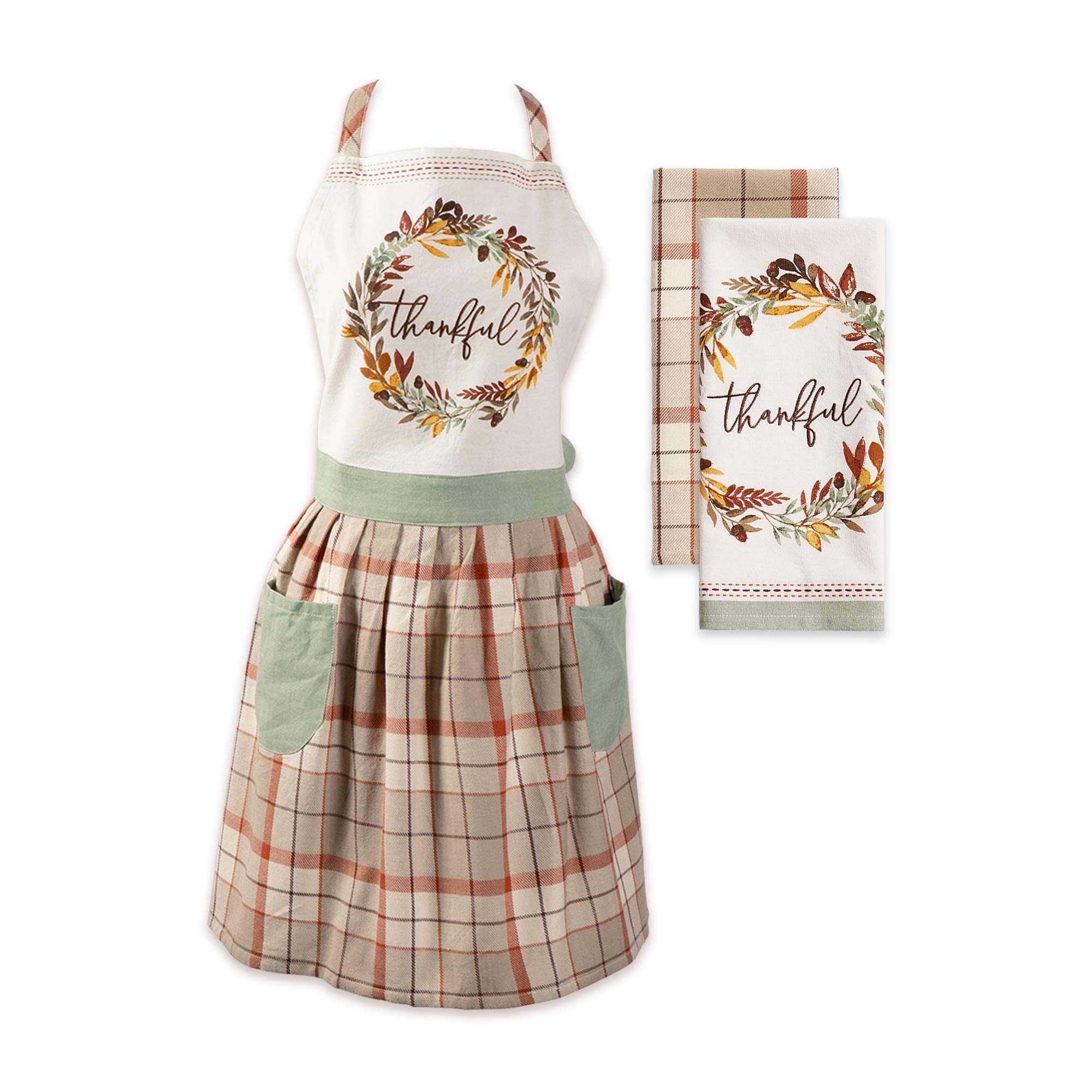 DII Kitchen Gift Set Collection, Apron & 2 Dish Towels, Thankful Autumn, 3 Piece