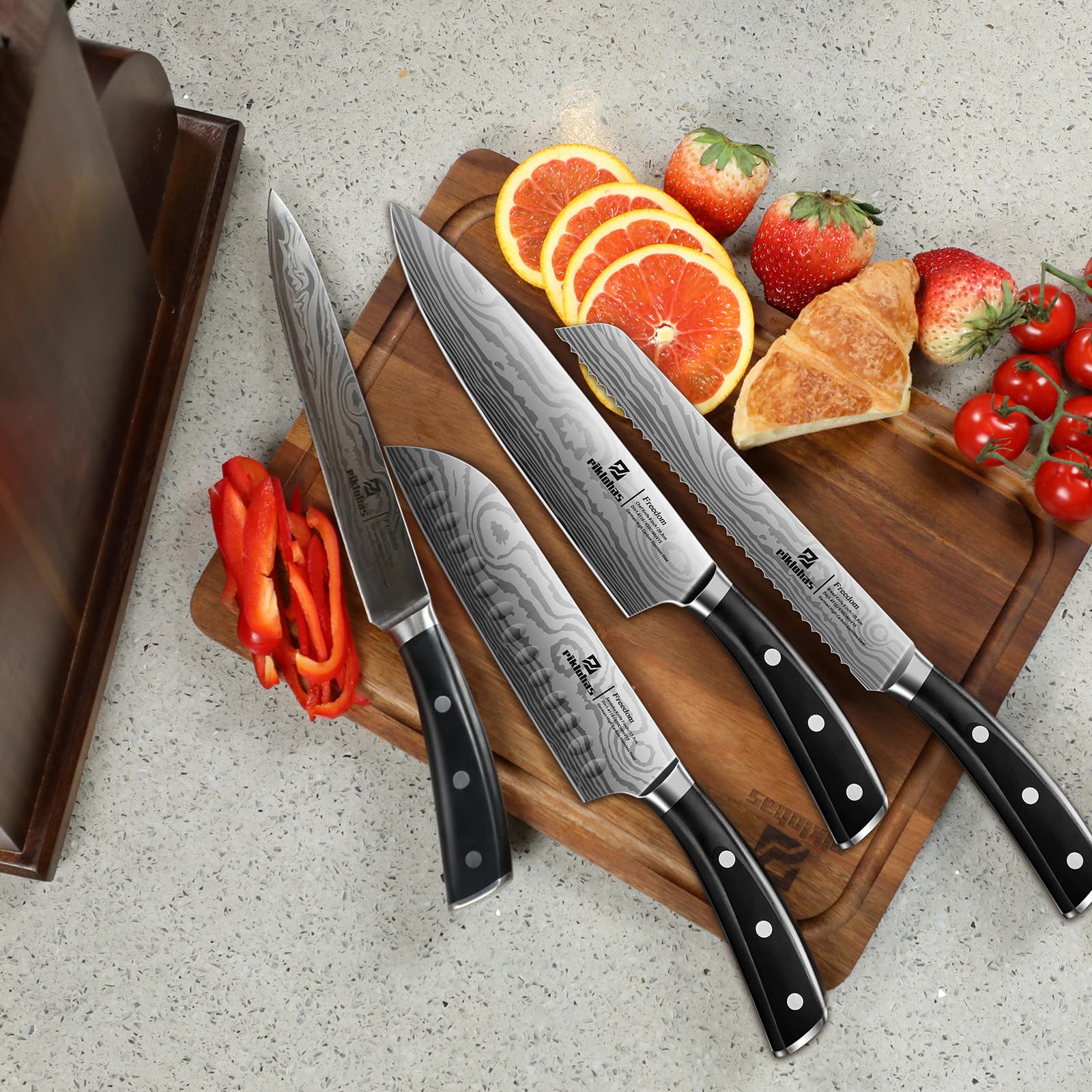 Piklohas Kitchen Knife Sets For Kitchen With Block, 17 Pieces With Magnetic Knife Holder, German High Carbon Stainless Steel Damascus Pattern Chef Knife Set With Sharpener, Steak Knives