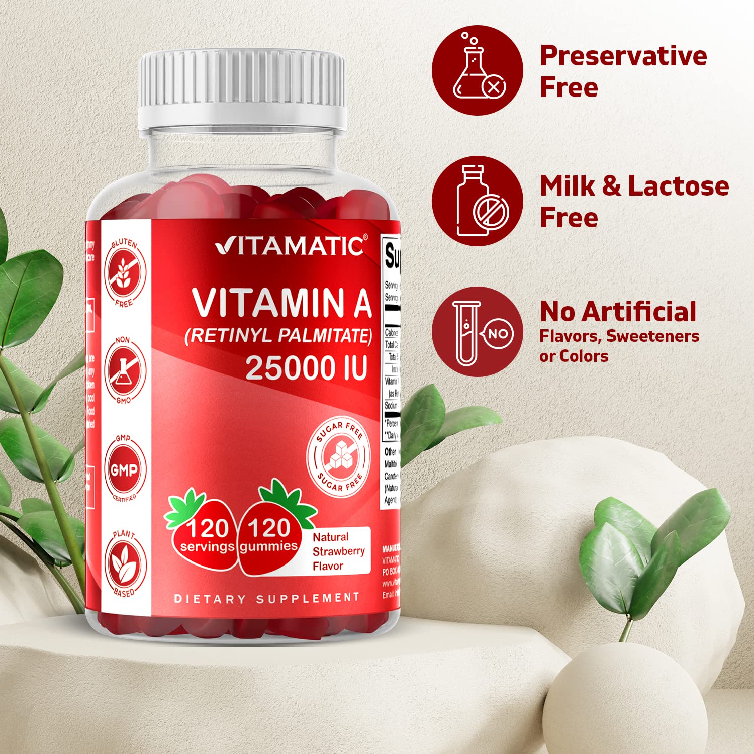 Vitamatic Sugar Free Vitamin A 25000 IU Gummies (Retinyl Palmitate) - Natural Strawberry Flavor - 120 Pectin Based Gummies (1 Bottle)