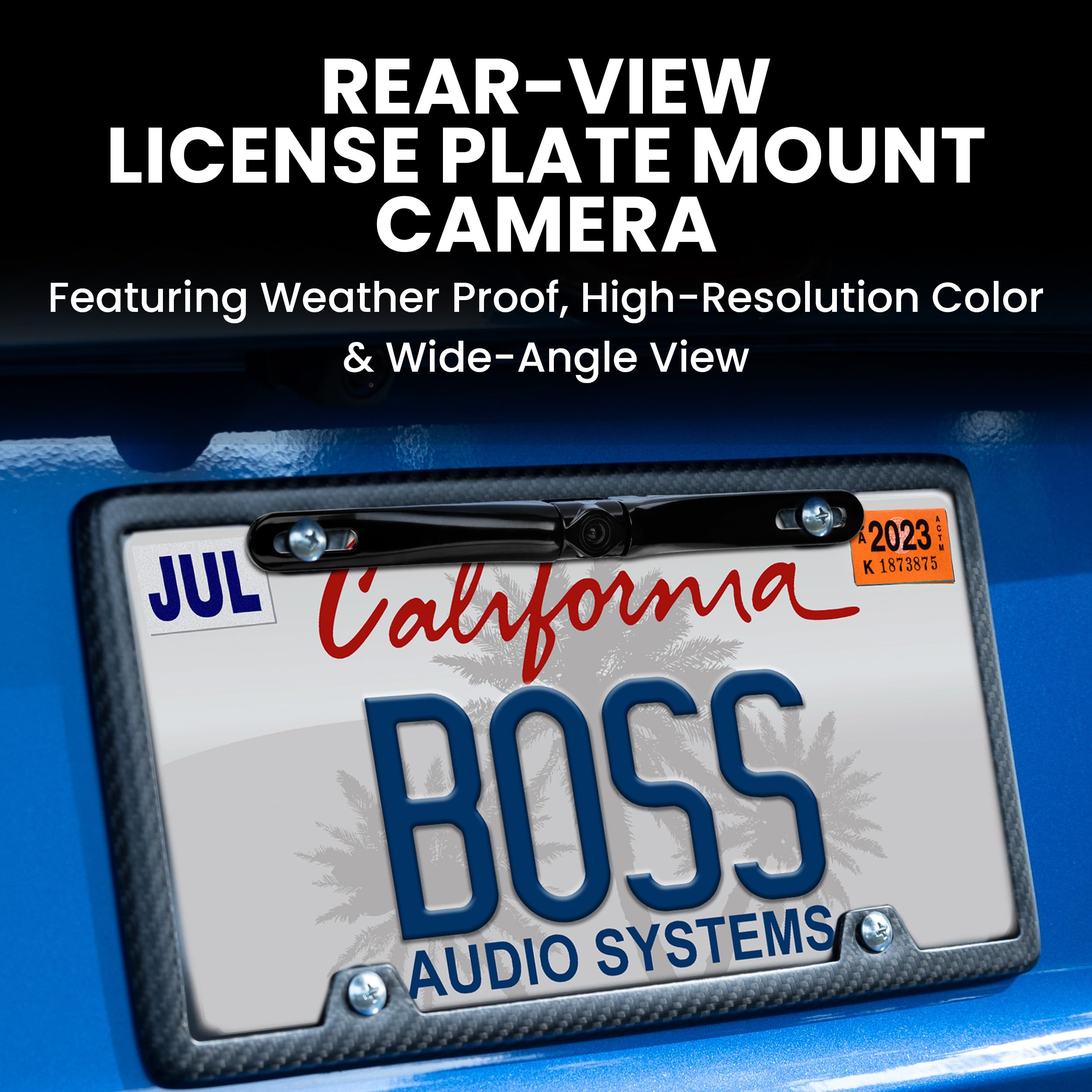 BOSS Audio Systems LPCB36 Car Truck Rearview Backup Reverse Camera - License Plate Mount, 170° Wide Angle Rear View Cam, Low Light Friendly
