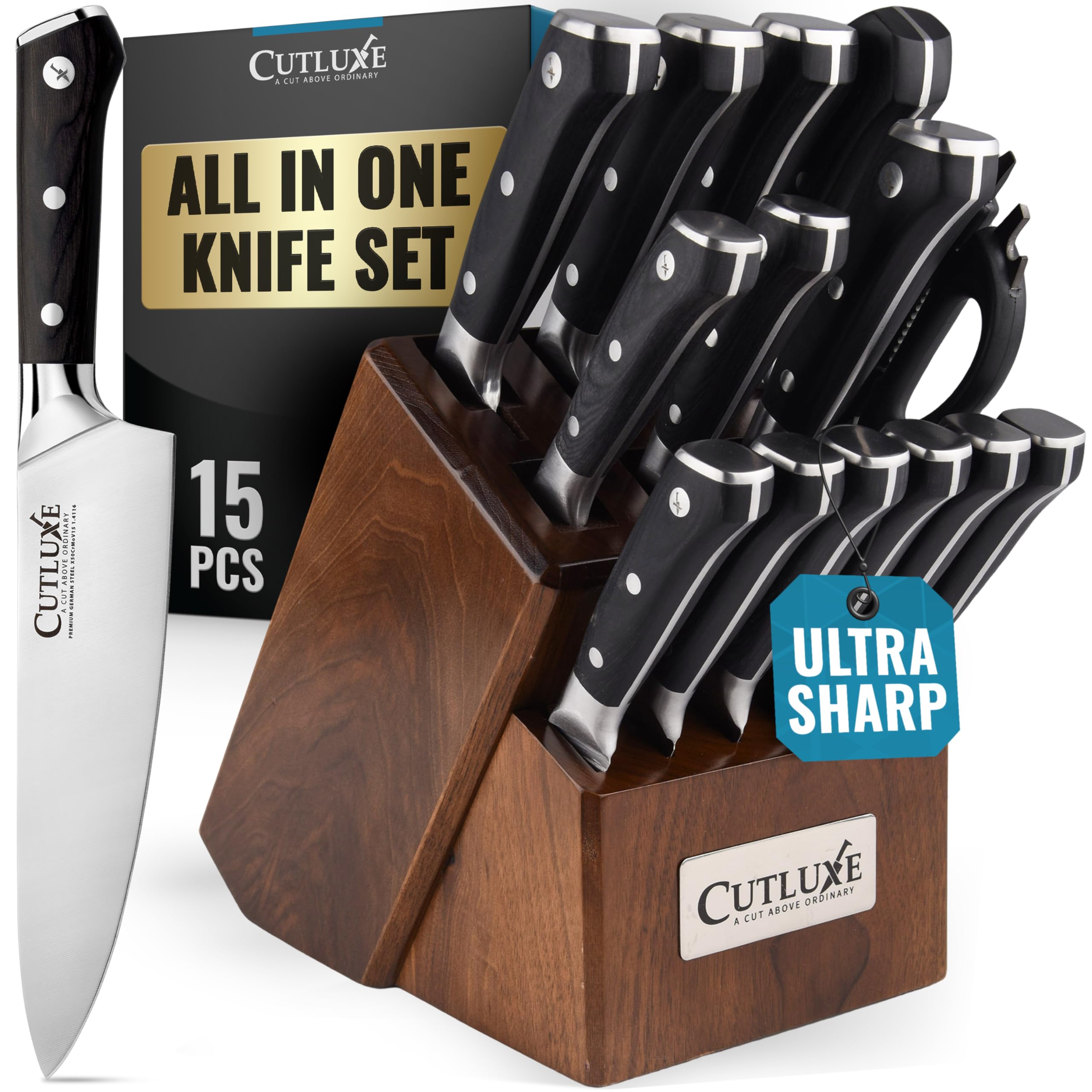 Cutluxe 15-Piece Knife Block Set – Kitchen Knife Set, Professional Chef Knife Set with Block, Ultra Sharp High Carbon German Stainless Steel, Full Tang, Walnut Wood Block – Artisan Series