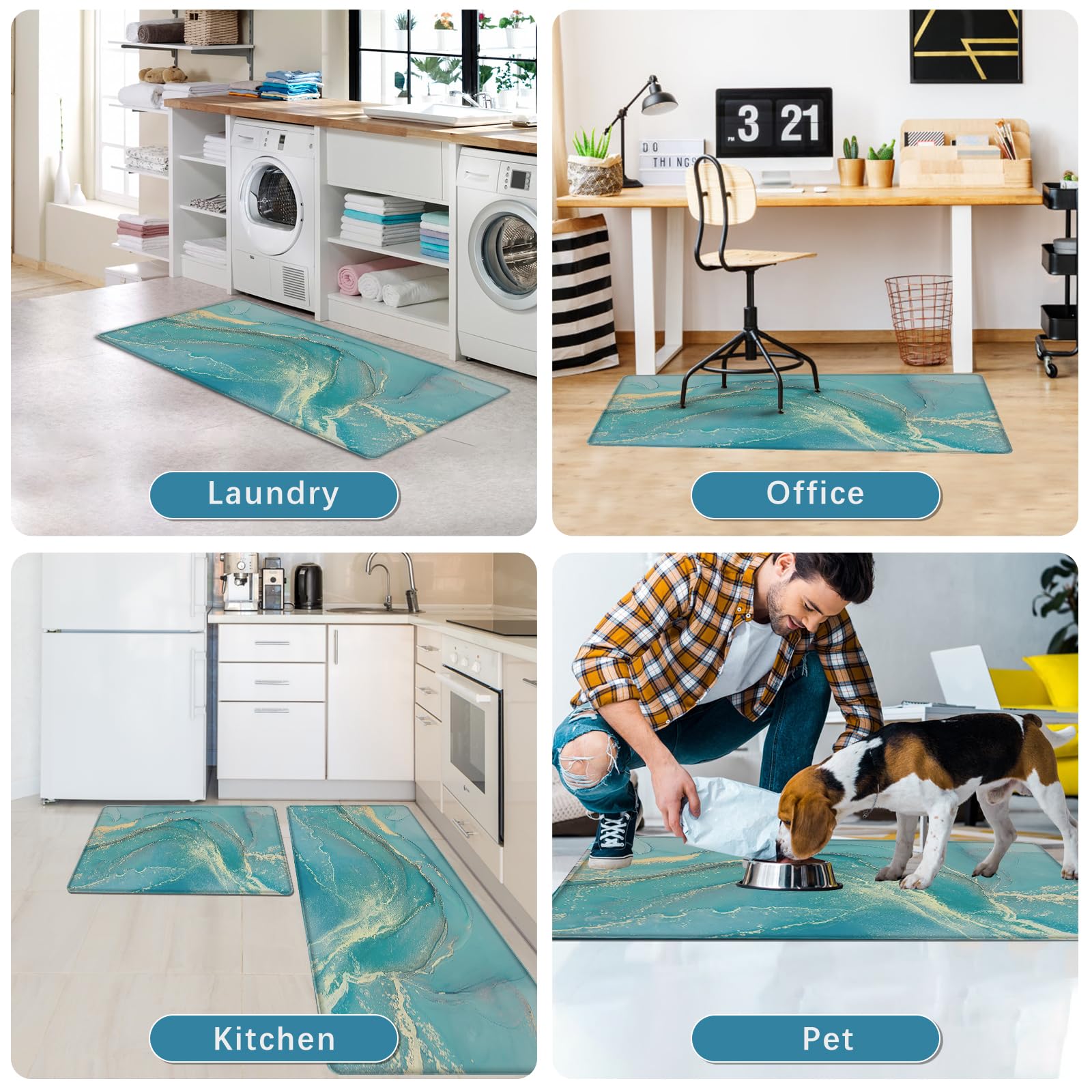 Sofort Anti Fatigue Kitchen Mats for Floor 2 Piece Set, Cushioned Memory Foam Kitchen Rug, Non Slip Waterproof Teal Marble Kitchen Mat, Comfort Standing Mats for Kitchen, Laundry, Office, Sink