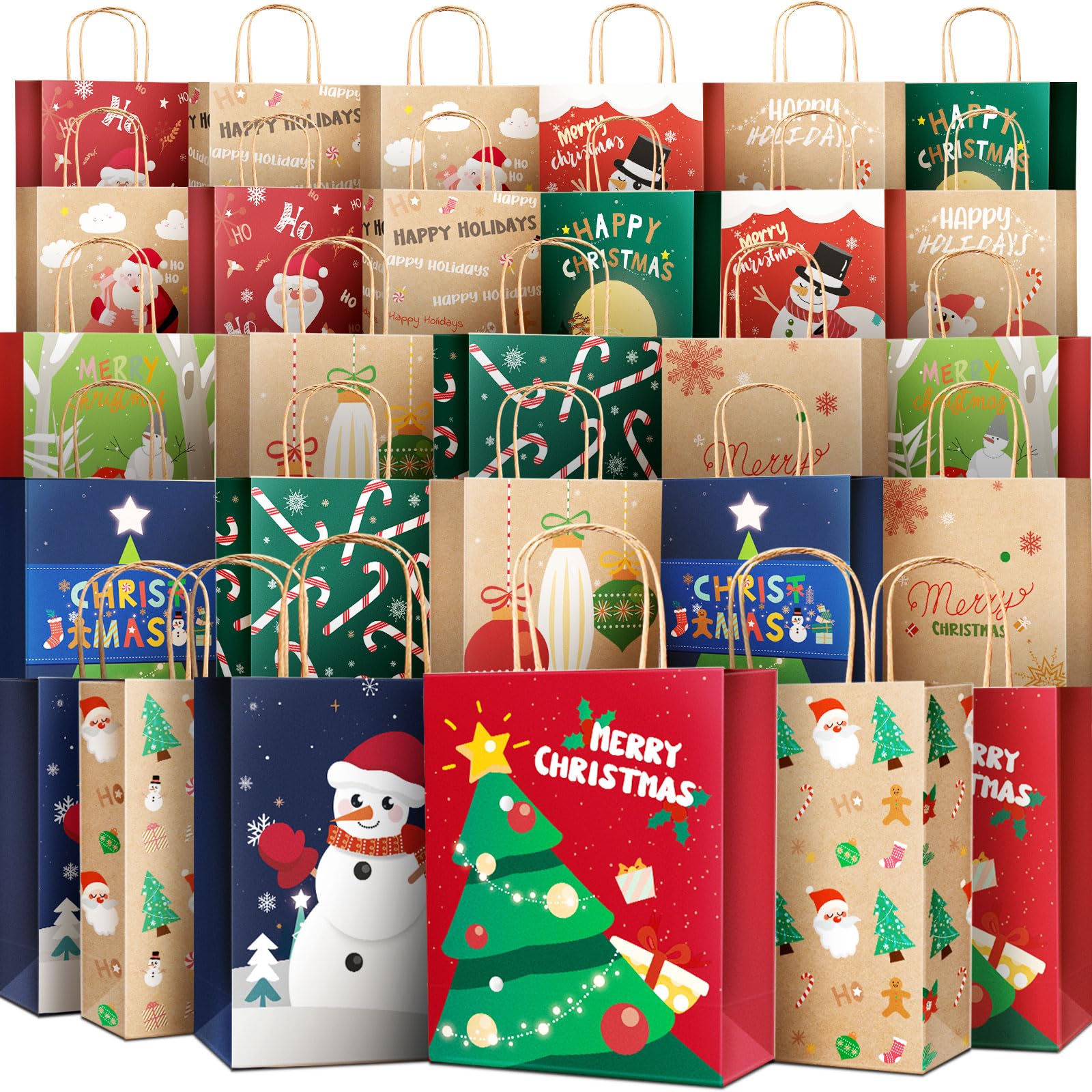 BlessedSeason 28 PCS Christmas Gift Bags with Handles, Reusable 14 Styles Kraft Gift Bags, Christmas Bags for Gifts with Christmas Prints for Holiday Paper Gift Bags (6 Large,10 Medium,12 Small)