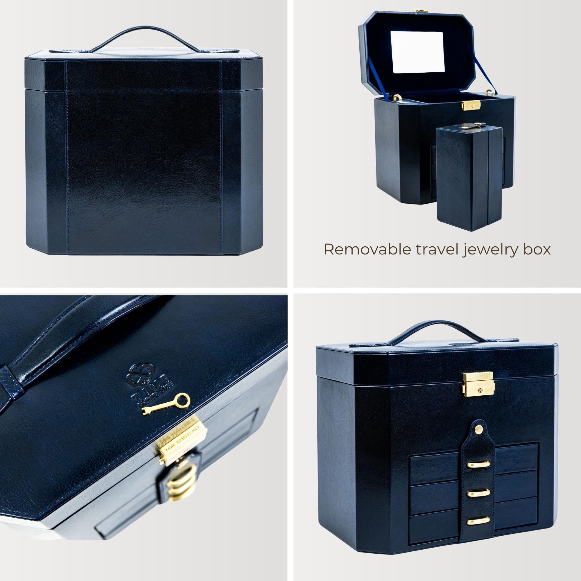 Time Resistance Leather Jewelry Box | Full Grain Leather Jewellery Organizer | Navy Blue Accessories Storage Key Lock Box for Women (Blue)