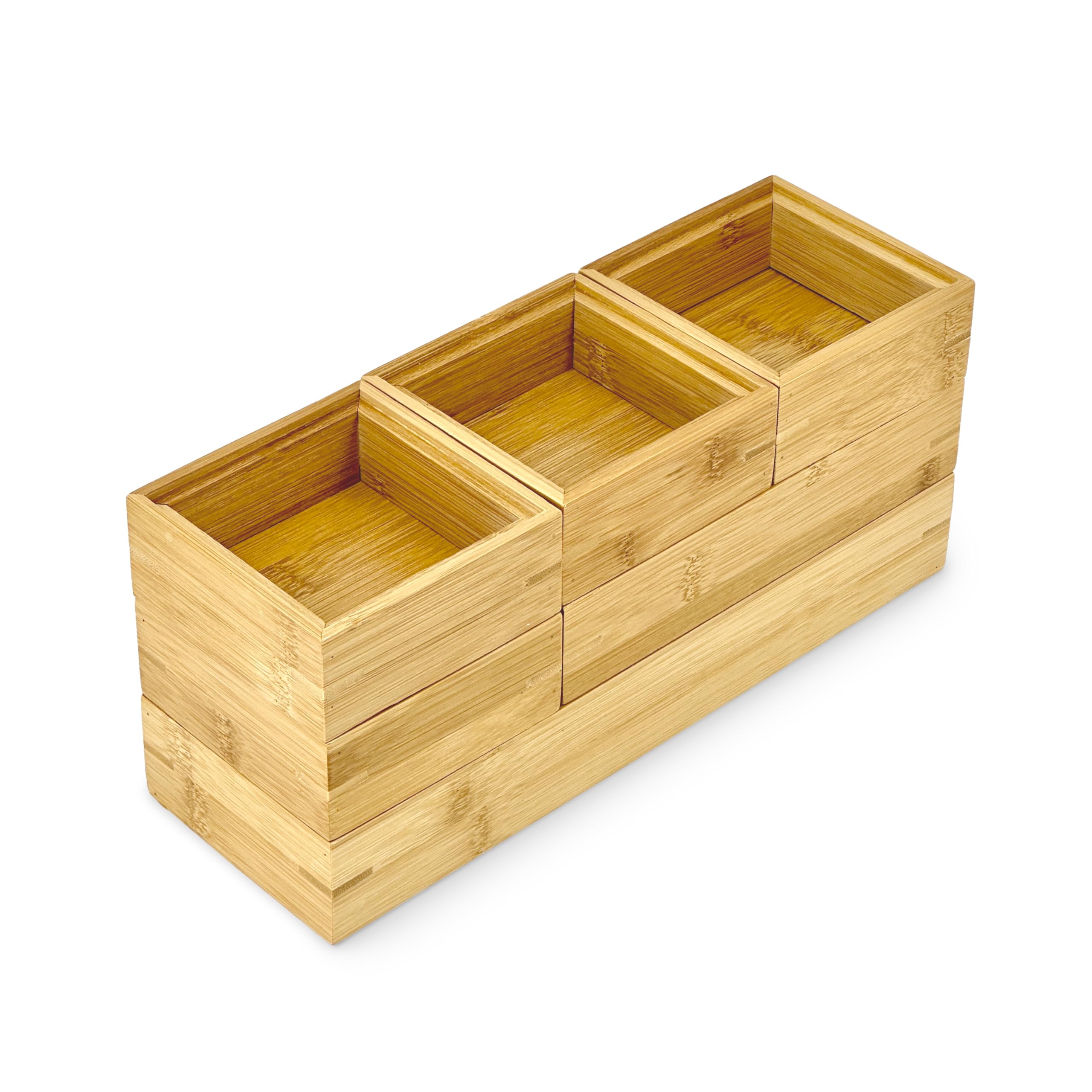 Bam & Boo - 6-Pieces Stackable Natural Bamboo Desk Drawer Organizer Trays & Storage Bins (Multi Size) - for Office, Kitchen, Dresser