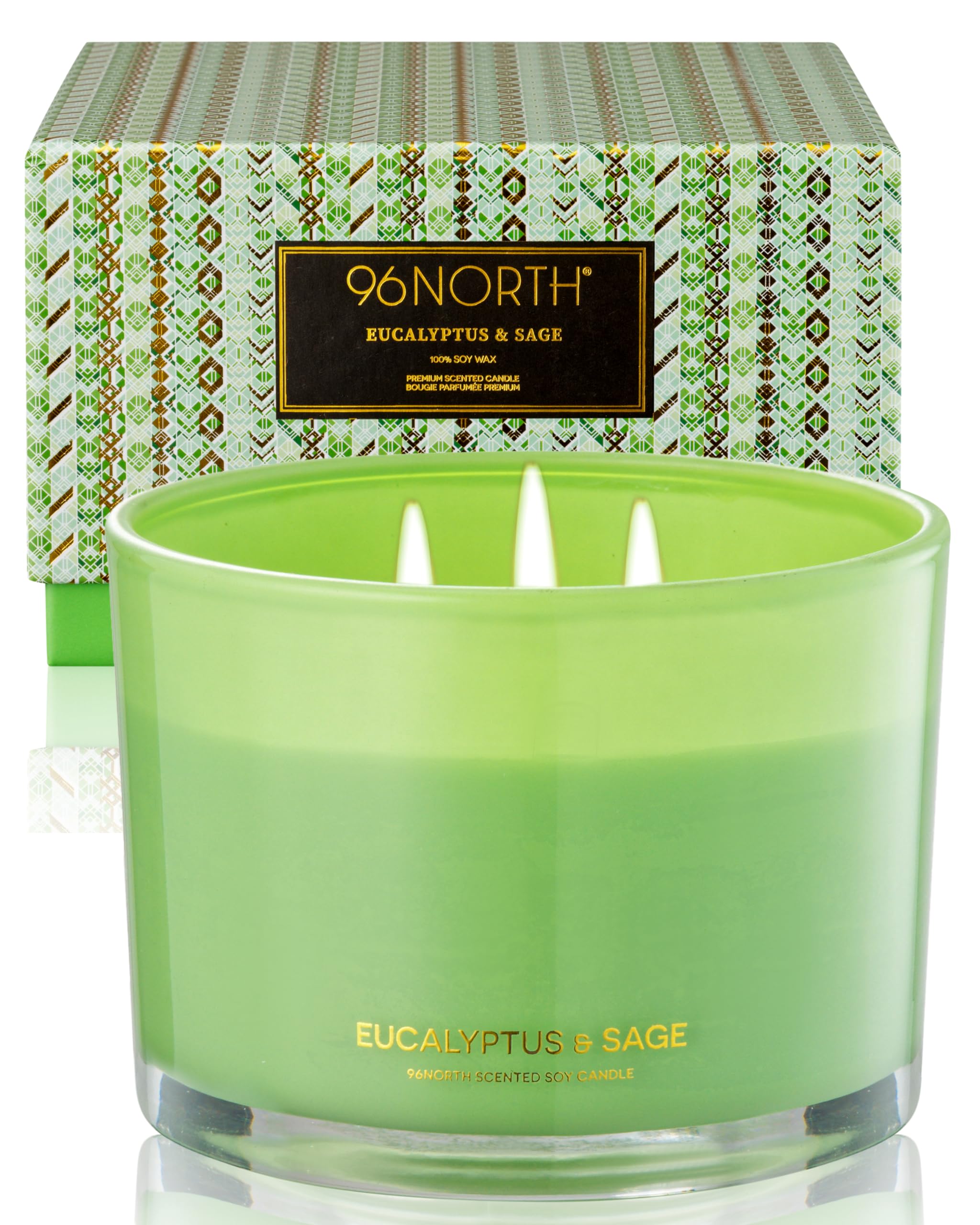 96NORTH Luxury Eucalyptus & Sage Soy Candle | Large 3 Wick Jar Candle | Up to 50 Hours Burning Time | 100% Natural Soy Wax | Housewarming Gift for Men and Women