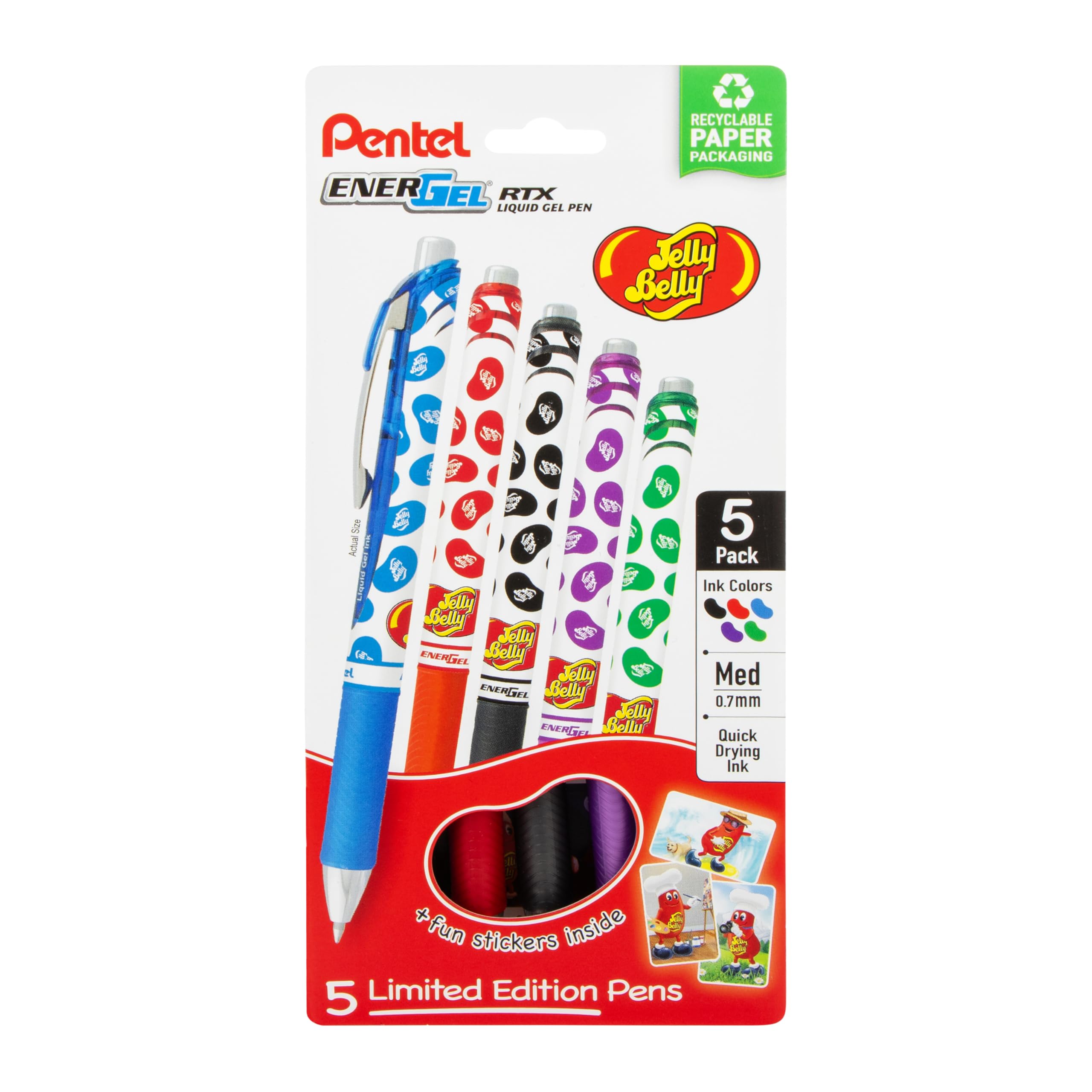 Pentel EnerGel RTX Retractable Liquid Gel Pen, Jelly Belly Limited Edition, 0.7mm tip, Assorted colors, Pack of 5 pens, (BL77PF5M-JB)