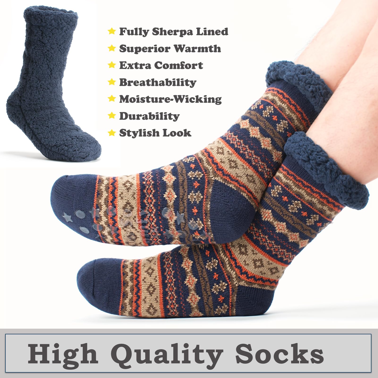 The Metluks Men's Slipper Socks with Non-Slip Grippers, Thermal Fuzzy Warm Sherpa Lining, Winter Cozy Christmas Gifts