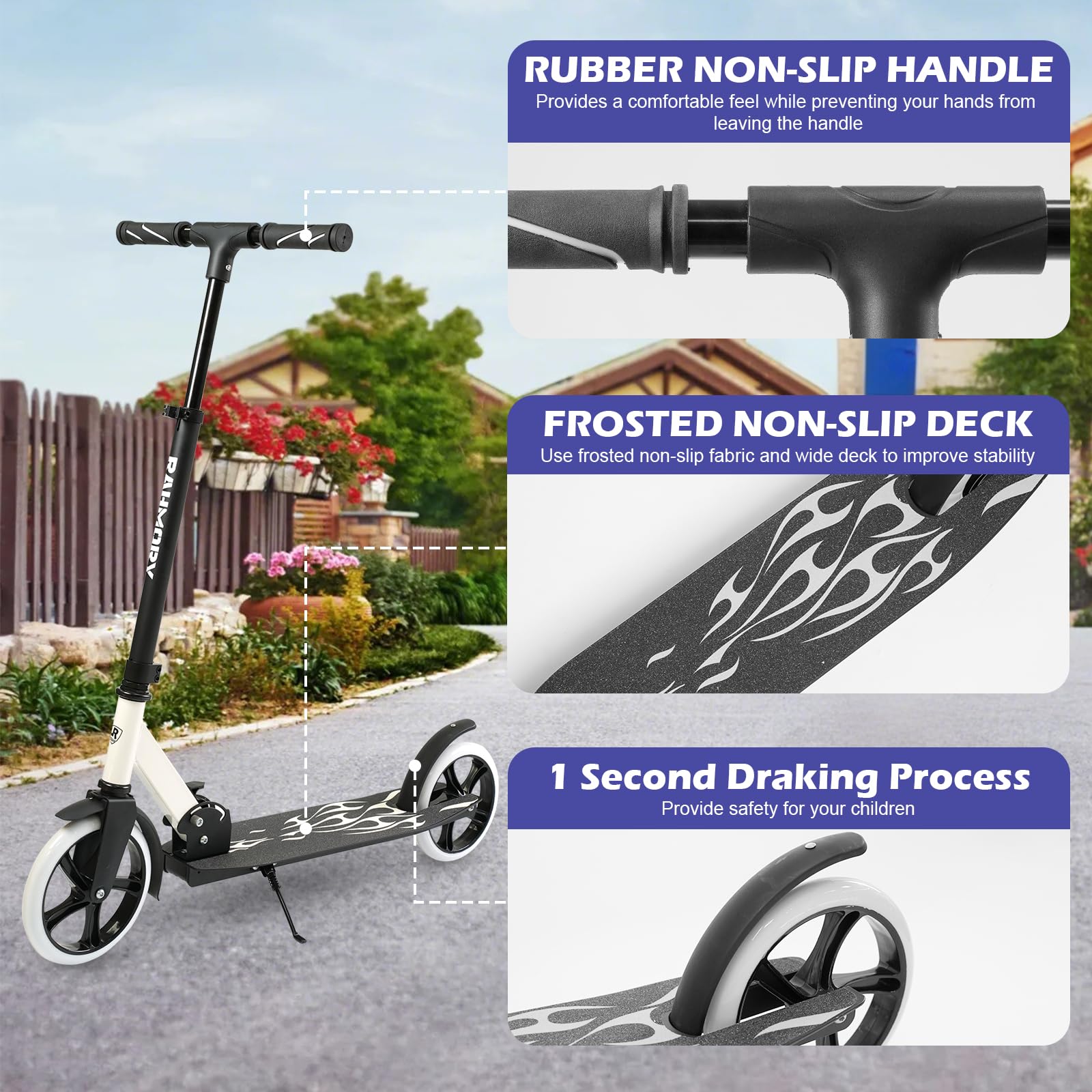 Rahmory Kick Scooter for Ages 6+,Kid, Teens & Adults. Foldable Kick Scooter for Boys with 4 Adjustable Heights, ABEC9 Bearings, Supports Up to 220 lbs