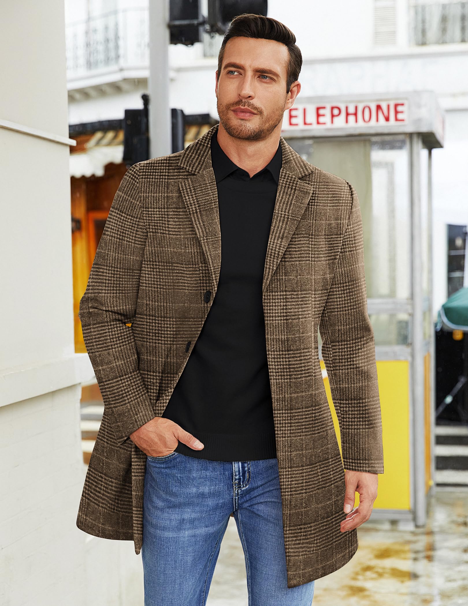 COOFANDY Men's Coat Plaid Coat Big And Tall Men's Winter Coats Men's Top Coat Notch Lapel Brown Coat Men Brown Plaid L