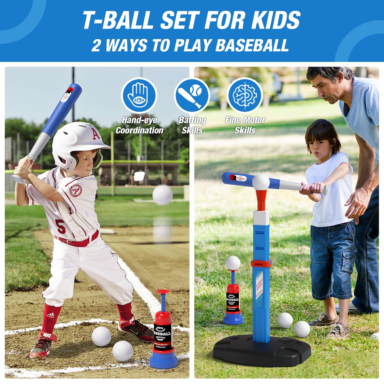 HYES 2 in 1 Kids Basketball Hoop and T Ball Set - Adjustable Height, Kids Baseball Tee with Automatic Pitching Machine, Indoor Outdoor Sport Toys Gifts for Toddler Boys Girls Age 1-5, Blue