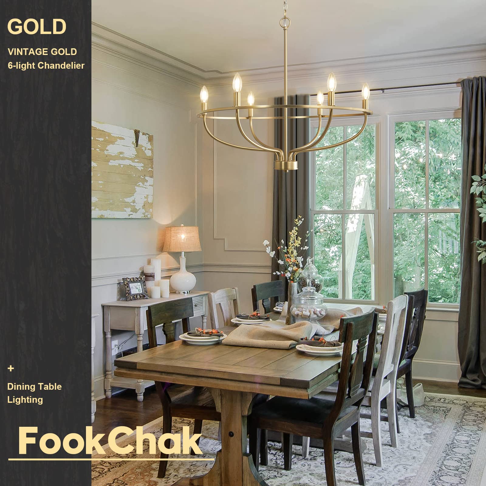 FookChak 6-Light Gold Chandelier Vintage Candle Chandelier Dining Room Chandelier Over Table for Bedroom, Living Room,Kitchen,28.54in,E12