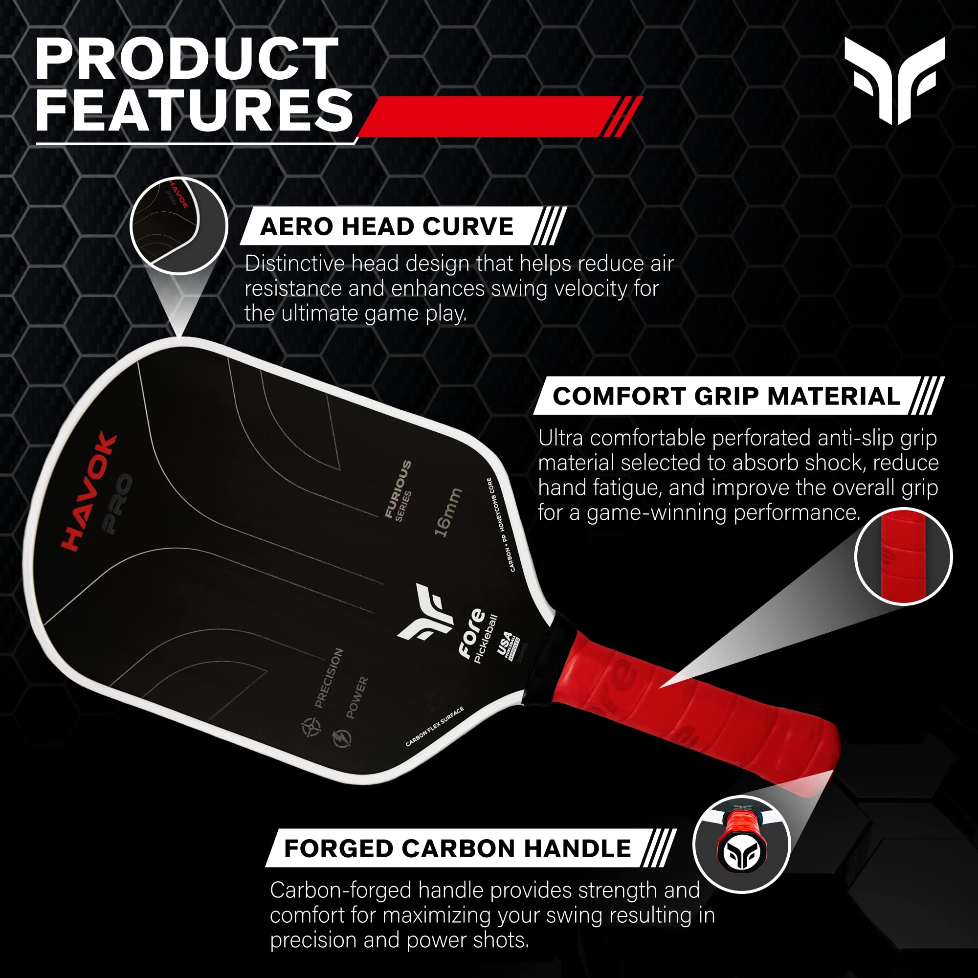 Havok Pro Pickleball Paddle: Carbon Fiber Surface for Enhanced Power, Precision and Maximum Spin - Large Sweet Spot and USAPA Approved