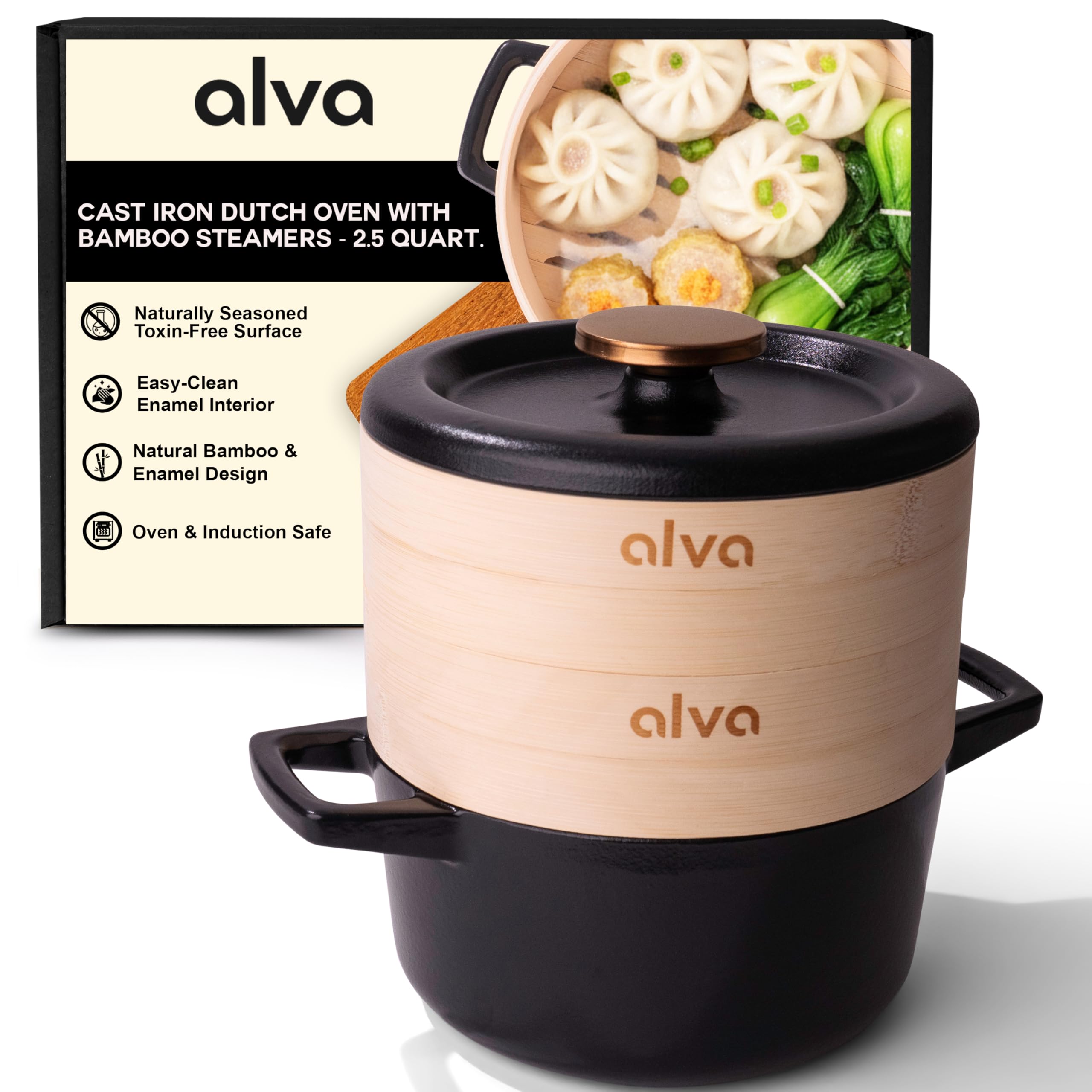 Alva Nori 2.6-Qt Enameled Cast Iron Dutch Oven Steamer Set – Made With No PTFE/PFOA/PFAS, Oven & Induction Safe – 3-Layer Enamel, No Seasoning Needed – Durable, Easy-Clean Cocotte with 2 Steamer Inserts
