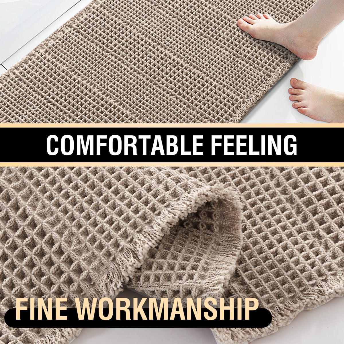 H.VERSAILTEX Upgraded Waffle Bath Mat Super Absorbent Bathroom Mats Non Slip Bath Rugs for Bathroom Floor Machine Washable Dry Fast Bathroom Rugs for Beside Tub, 17" x 24", Irish Cream