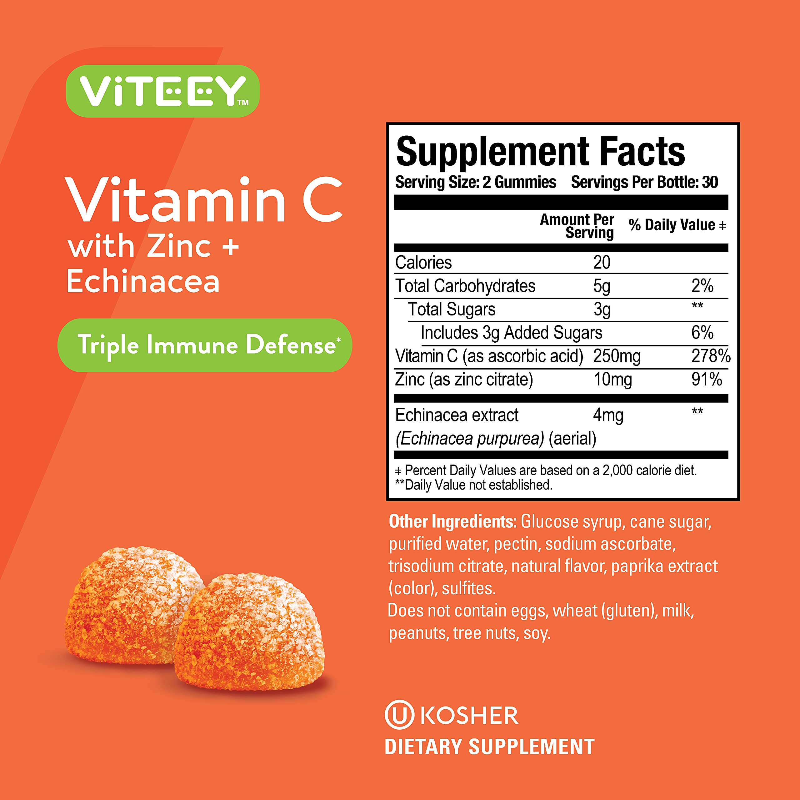 Vitamin C Gummies for Adults & Teens with Zinc & Echinacea - Immune Support Gummies - Immune Booster - Vegan, Gelatin Free, Gluten Free, GMO Free - Tasty Vitamin C Chewable Orange Flavored Gummy