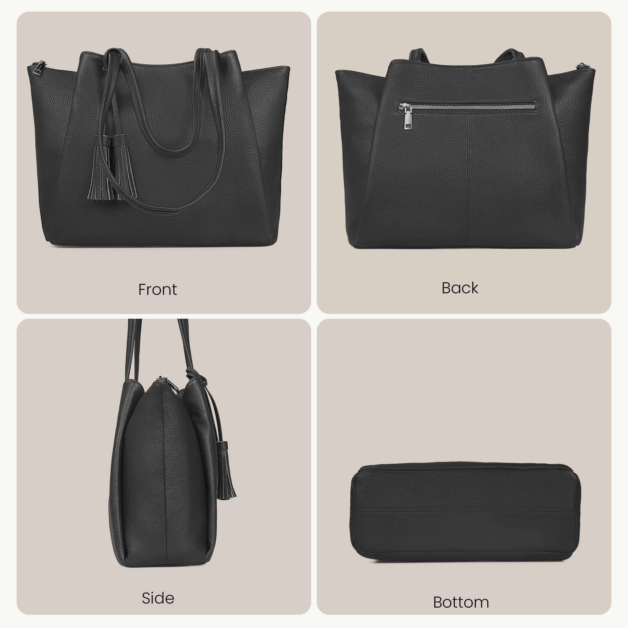 befen Black Genuine Leather Tote Bag for Women Work, Womens Tote Bags Shoulder Purses Totes with Compartments Handbags for Office Travel Casual