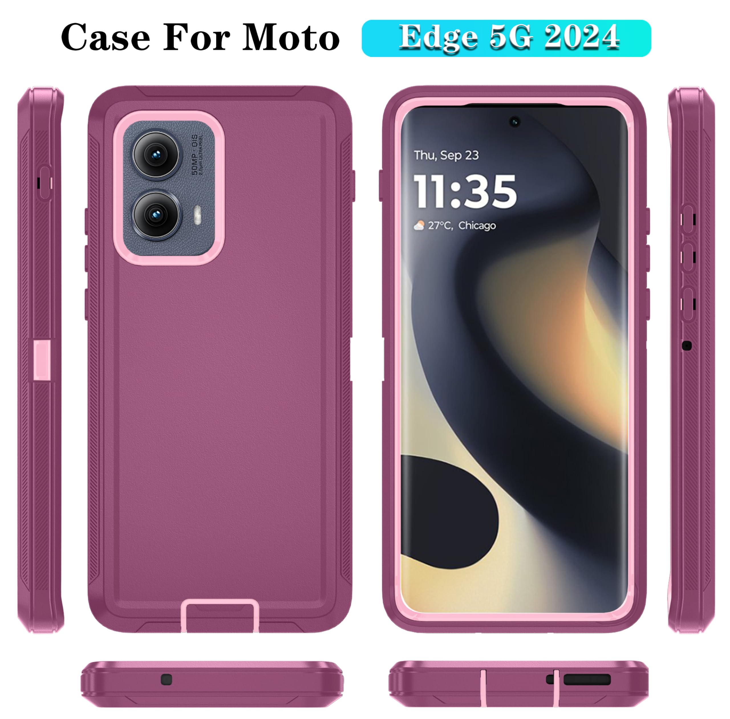 Qinmay Phone Case for Motorola Moto Edge 5G 2024 Case, Heavy Duty Shockproof & Dropproof 3-Layer Cover Phone Case for Motorola Moto Edge 2024 (WineRedPink)