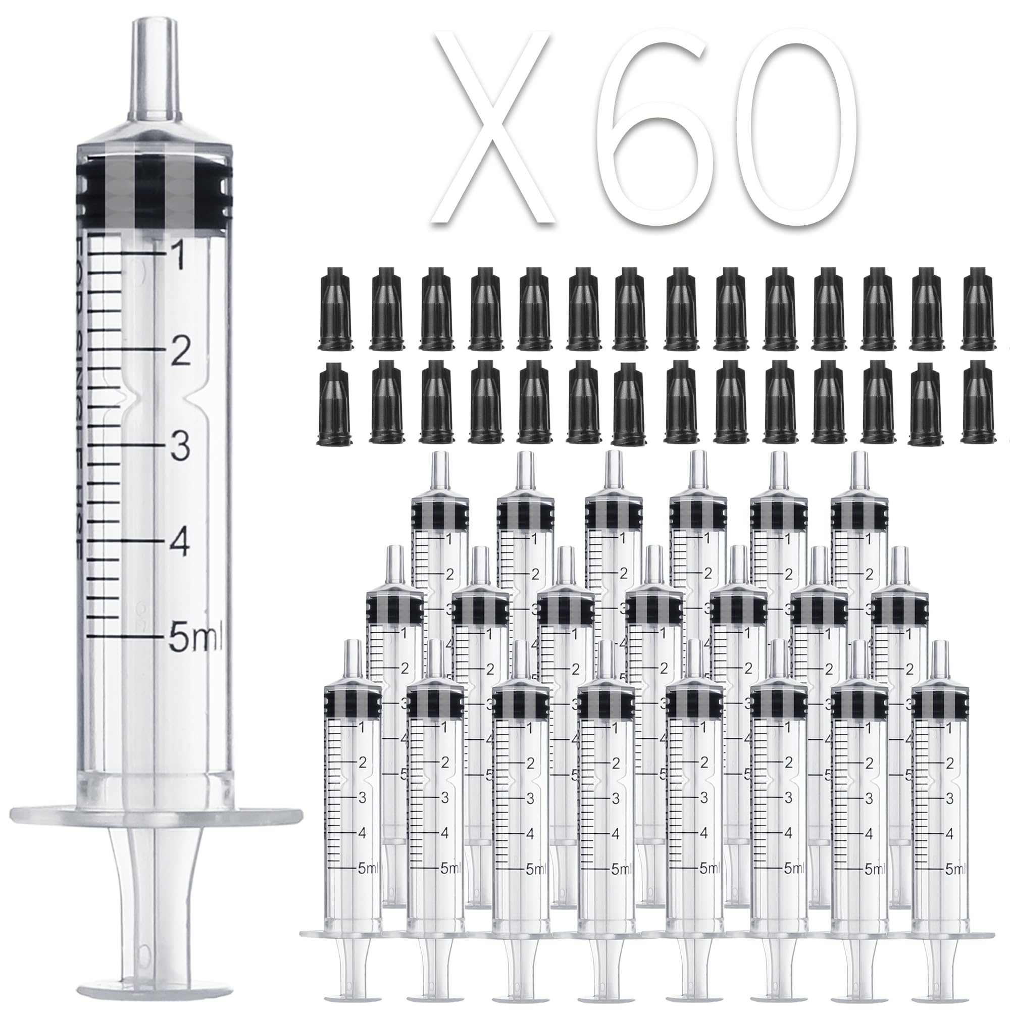 60Pack 5ml Syringe Without Needle - 5 ml Small Plastic Syringes Sterile Individually Packed with Cap for Lab Medicine Student Measuring Liquid and Pet Dog Cat Baby Feeding Oral Colostrum ( 5cc /ml )