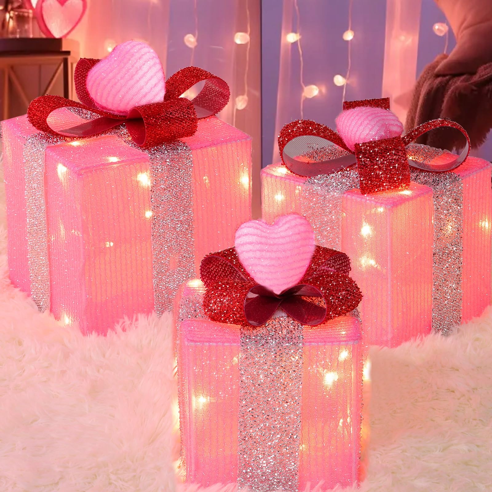 [Timer&8 Mode] 3 Pack Pink Valentines Decorations Christmas Lighted Gift Boxes with Pink Hearts Silver Glitter Fabric 60 LED Battery Operated Present Box Pink Decor for Room, Wedding, Valentines Gifts