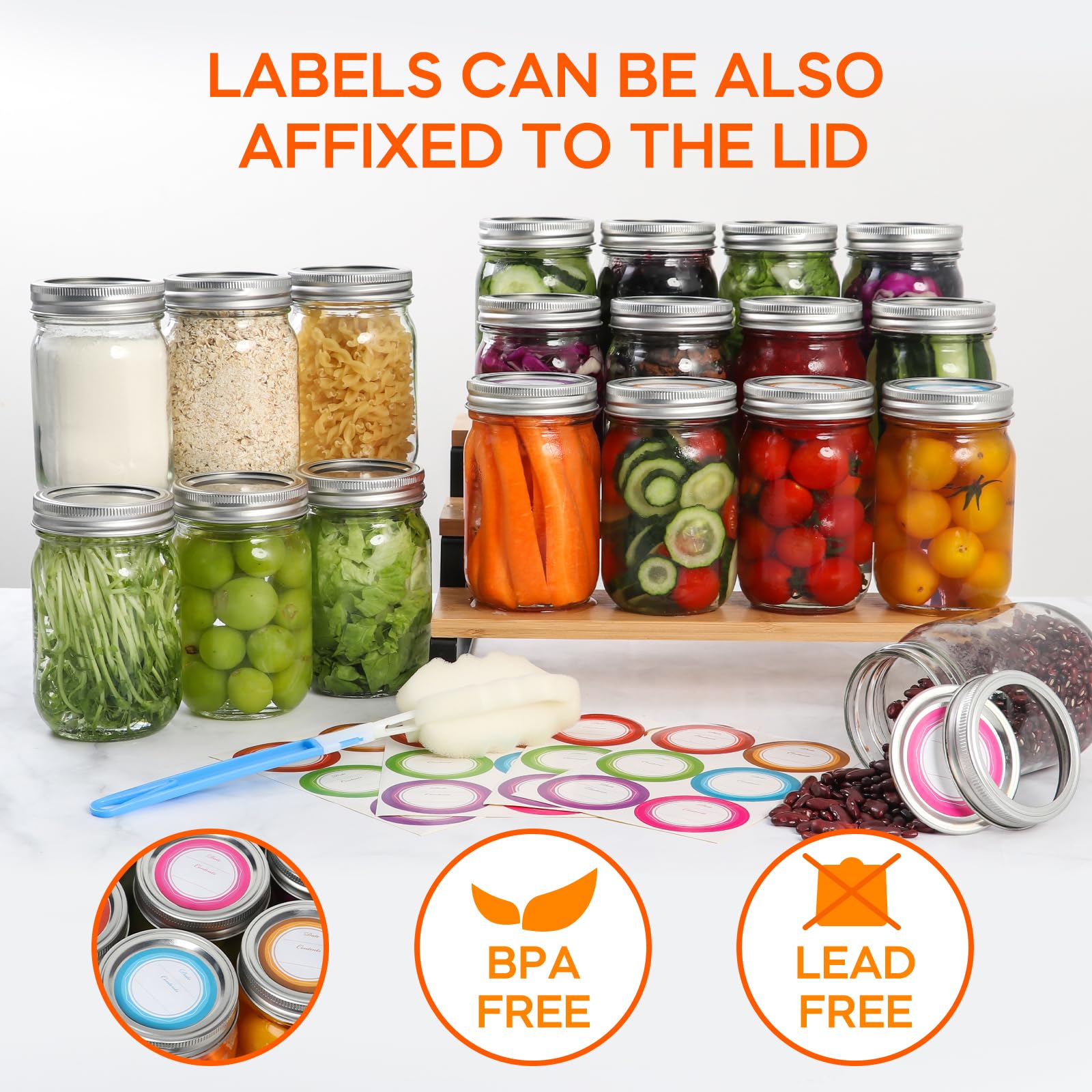 Glass Mason Jars with Lids and Bands 16 oz - 15 Pack Regular Mouth Canning Jars for Food Storage, Pickling, Meal Prep, Overnight Oats, Dry Food & DIY Crafts - Includes 24 Stickers & Brush
