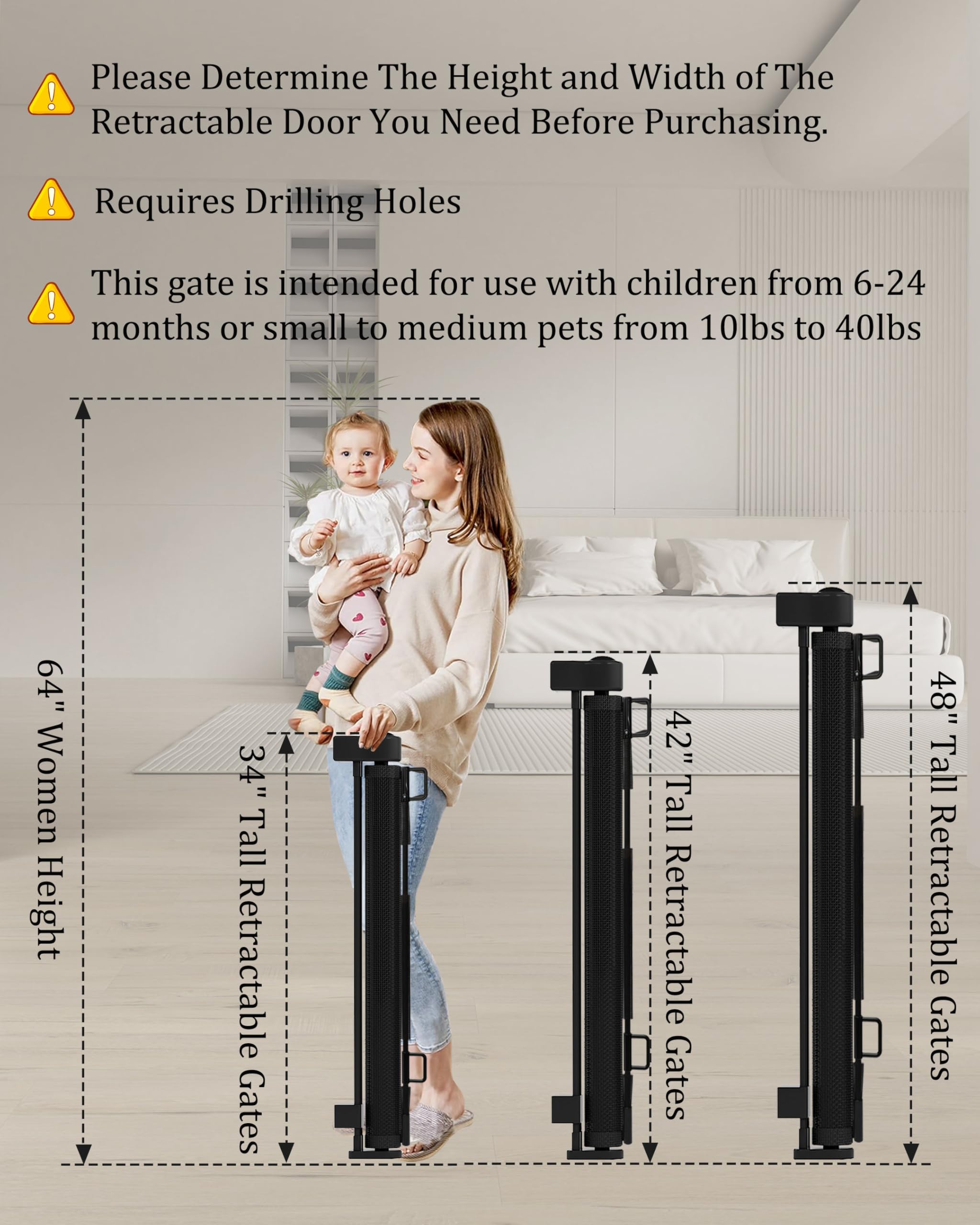 Upgrade 71" Retractable Baby Gates with Reinforced Strip Design to Prevent Crawling Through, 34" Tall Retractable Gate for Baby and Pet, 6 FT Baby Gates for Stairs, Doorways, Hallways