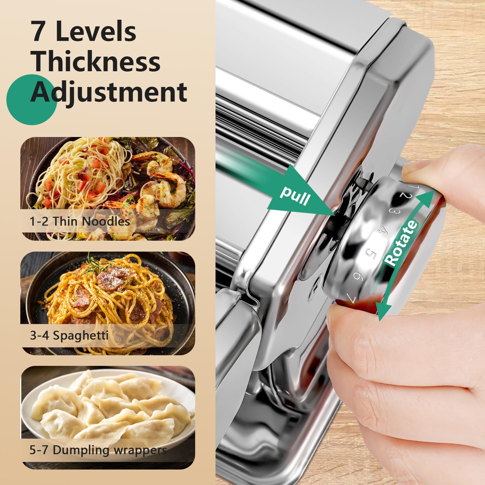 YASHE Manual Pasta Maker Machine, Stainless Steel Pasta Roller and Cutter with 7 Adjustable Thickness Settings, Dual Width Noodle Maker for Pasta, Spaghetti, Fettuccine, Lasagna