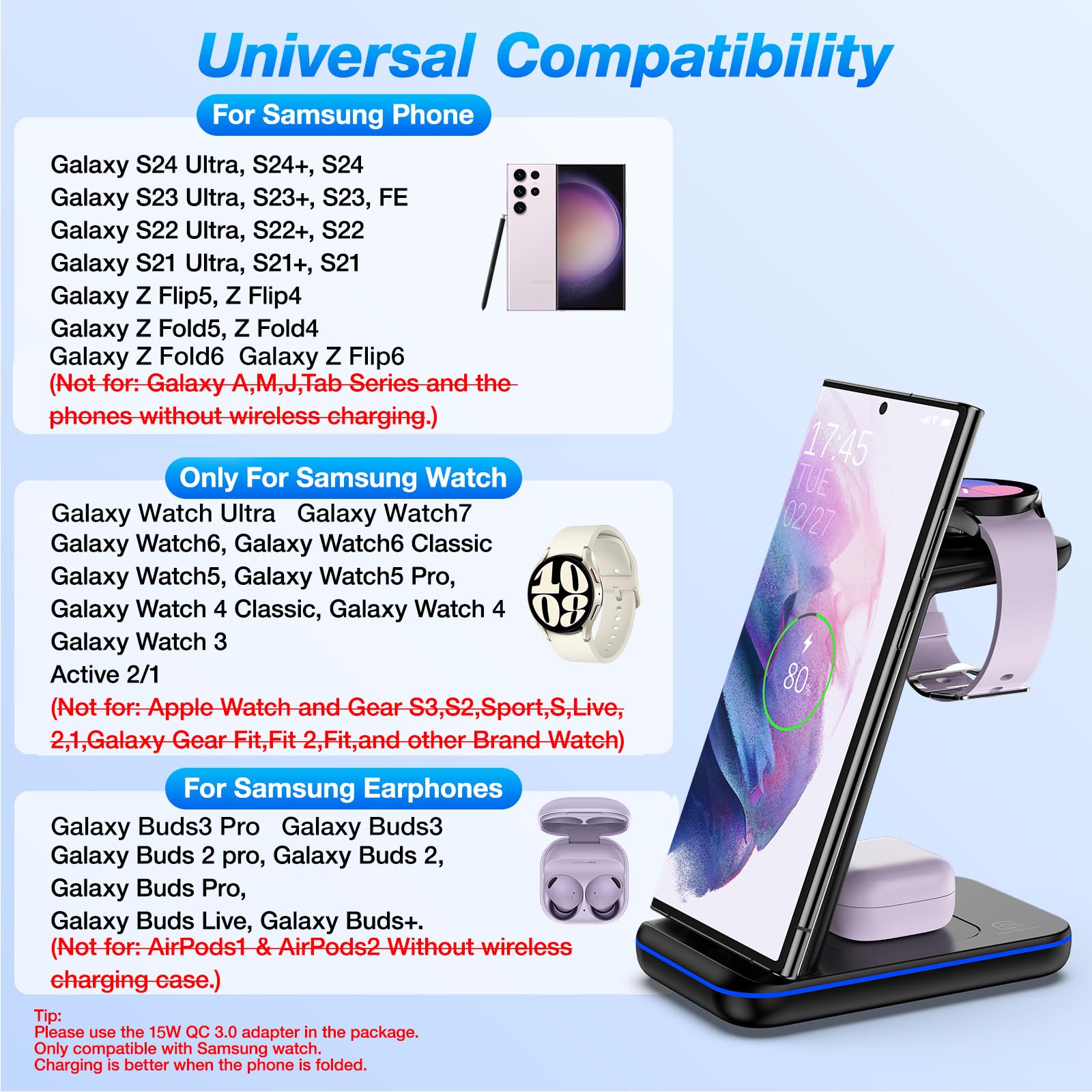 Wireless Charging Station for Samsung/Android, Fast Wireless Watch Charger Stand/Station Compatible for Samsung Galaxy S24/S23+/S22/Z Flip 6/5 Fold 6/5, Watch7/6/5/Pro/4/Active 1/2 Galaxy Buds3/2 Pro