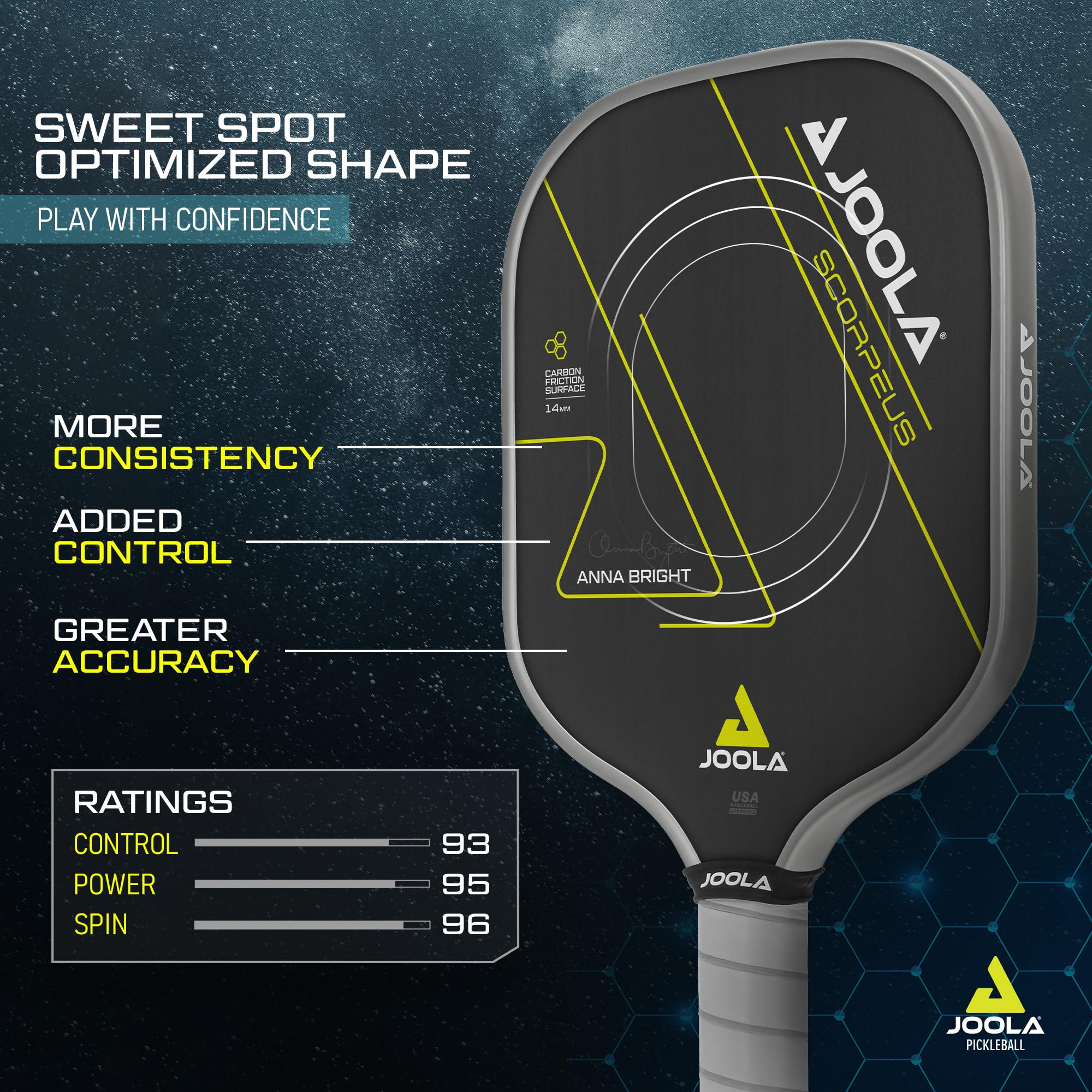 JOOLA Anna Bright Pickleball Paddle - Carbon Fiber, Charged Surface, USAPA Approved, 14mm