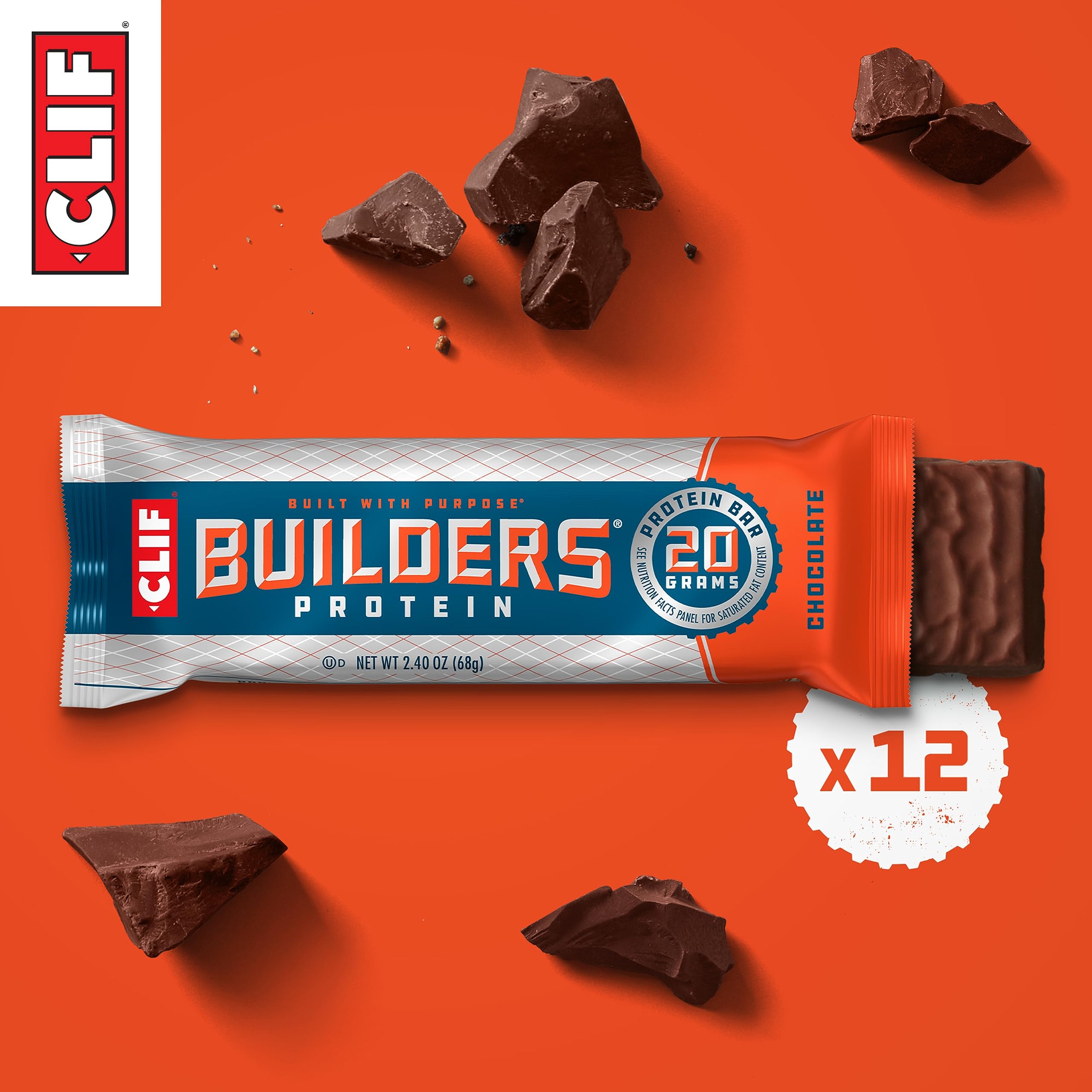 CLIF Builders - Chocolate Flavor - Protein Bars - Gluten-Free - Non-GMO - Low Glycemic - 20g Protein - 2.4 oz. (12 Count)