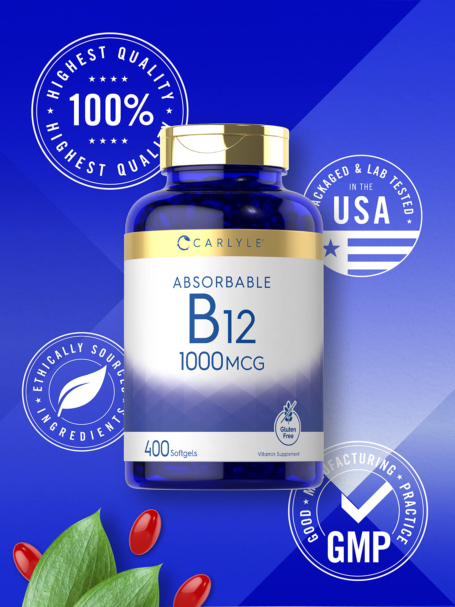 Carlyle Vitamin B12 Absorbable 1000mcg | 400 Softgels | Non-GMO and Gluten Free Supplement