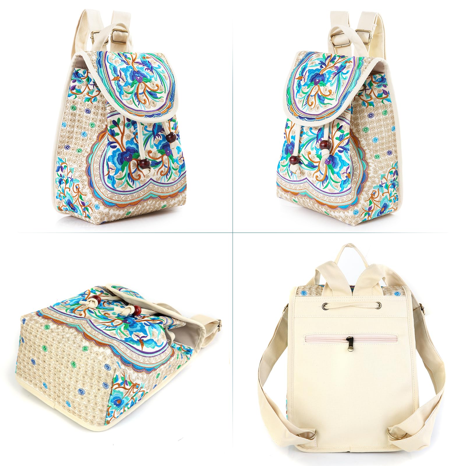 Goodhan Vintage Embroidered Women Backpack Ethnic Travel Handbag Shoulder Bag Beige