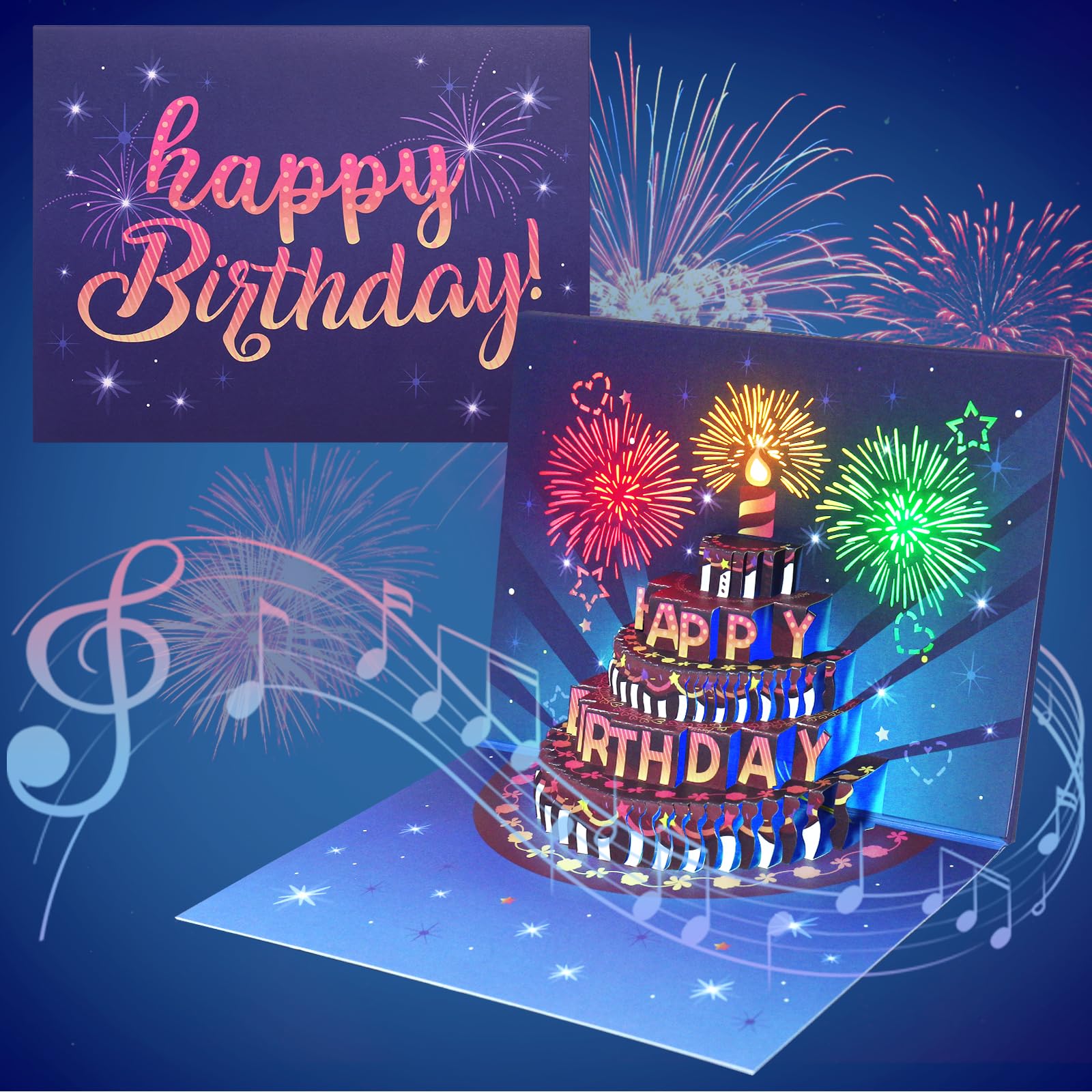 INPHER Birthday Cards Fireworks Pop Up Cake Light and Music Happy Birthday Gifts for Women, Men, Mom, Grandma