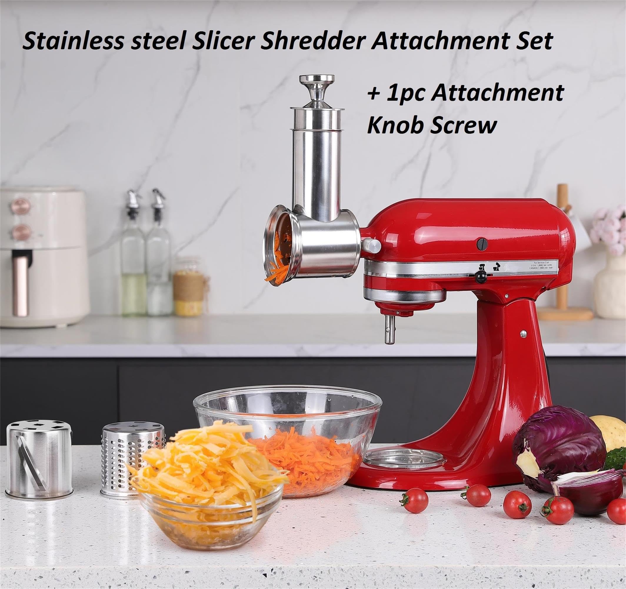 FavorKit Large Stainless Steel Slicer Shredder Attachment for KitchenAid Mixers, Dishwasher Safe, Rotary Salad Maker/Cheese Grater Accessories with 3 Drum Blades and 1 Knob Thumb Screw