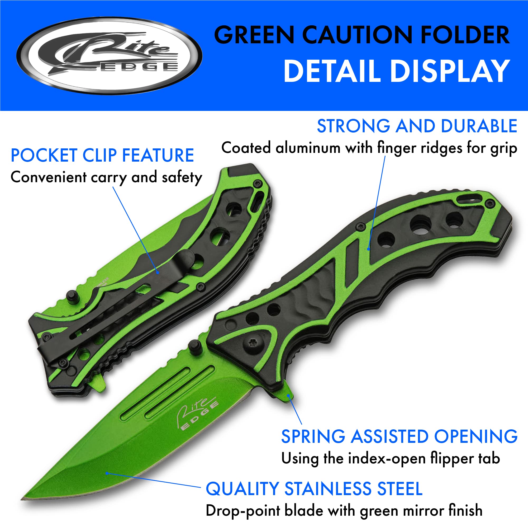 SZCO Supplies 8.25" Green Assisted Open Caution Folding Pocket Knife With Liner Lock