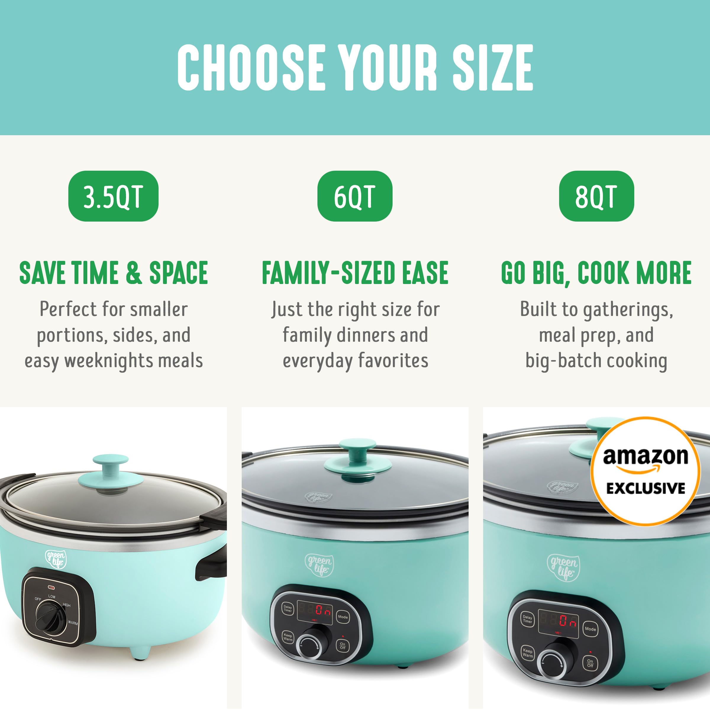 GreenLife 6QT Ceramic Slow Cooker, PFAS-Free, Programmable, Removable Healthy Nonstick Pot for Family Meals, Sear on Stovetop, Keep Warm, Digital Timer, Dishwasher Safe Crock, Turquoise
