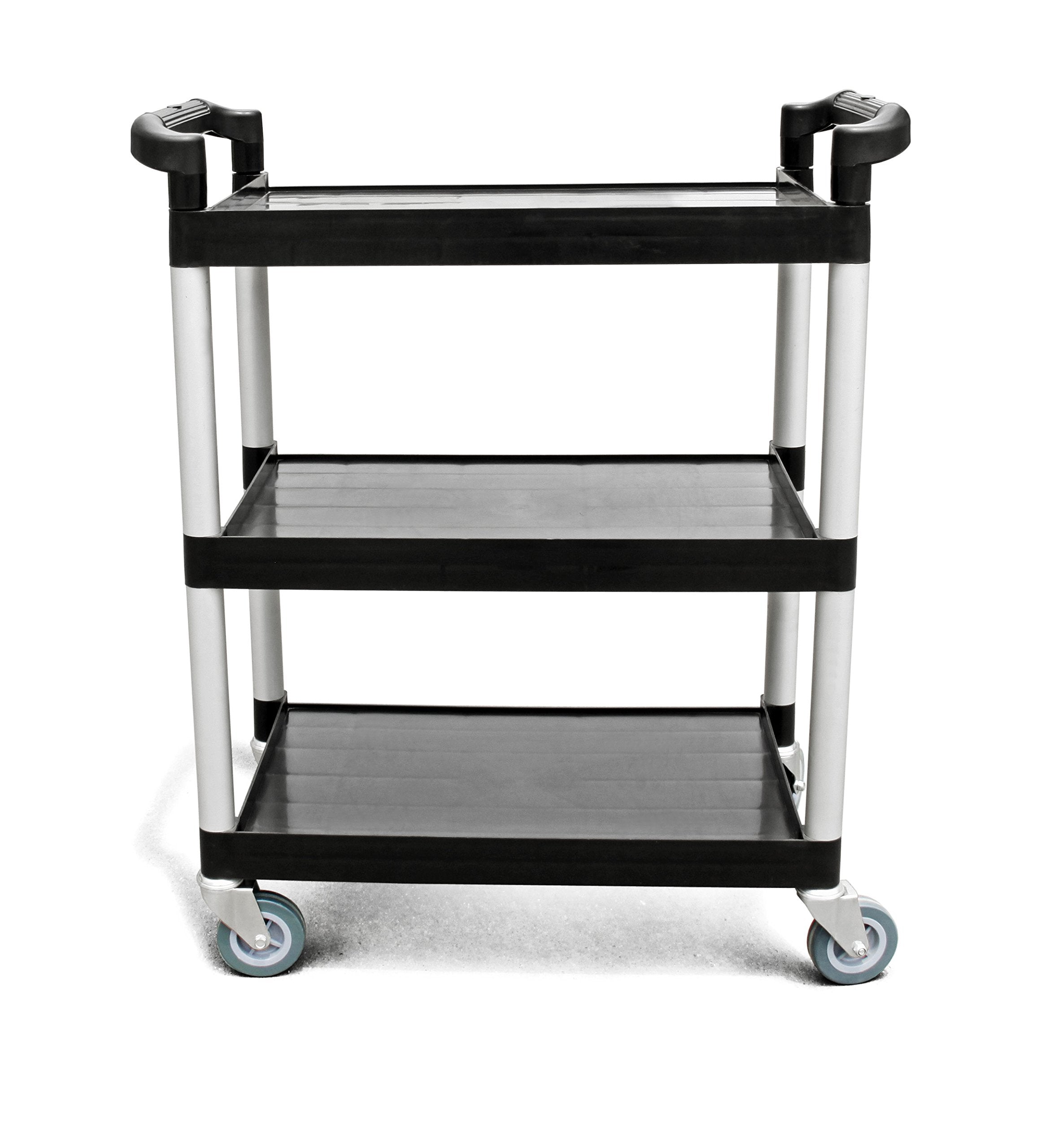 New Star Foodservice 54552 350-Pound Plastic 3-Tier Utility Bus Cart with Locking Casters, 42.5" x 19.5" x 38.5", Black