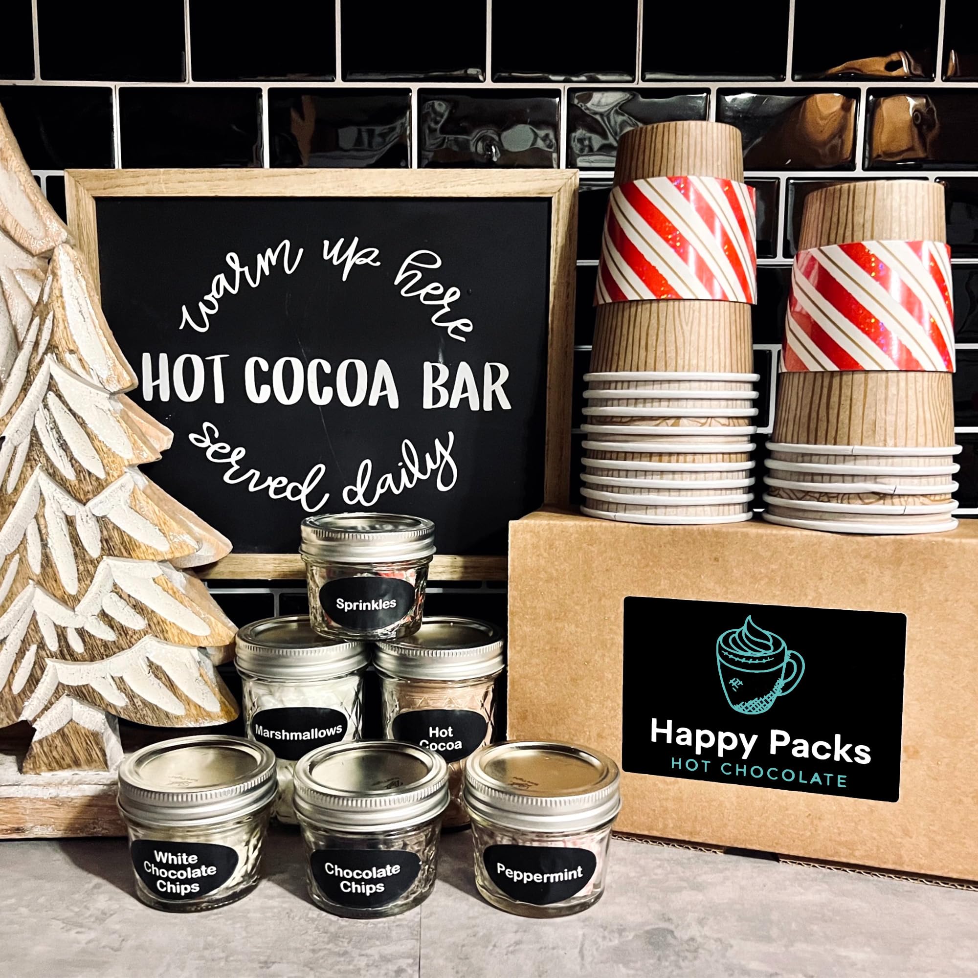 Hot Cocoa Bar Kit by Happy Packs | Includes Hot Cocoa Mix, Mini Marshmallows, Crushed Peppermint Candy, Chocolate Chips, White Chocolate Chips & Christmas Sprinkles | Premium Hot Chocolate Gift Sets